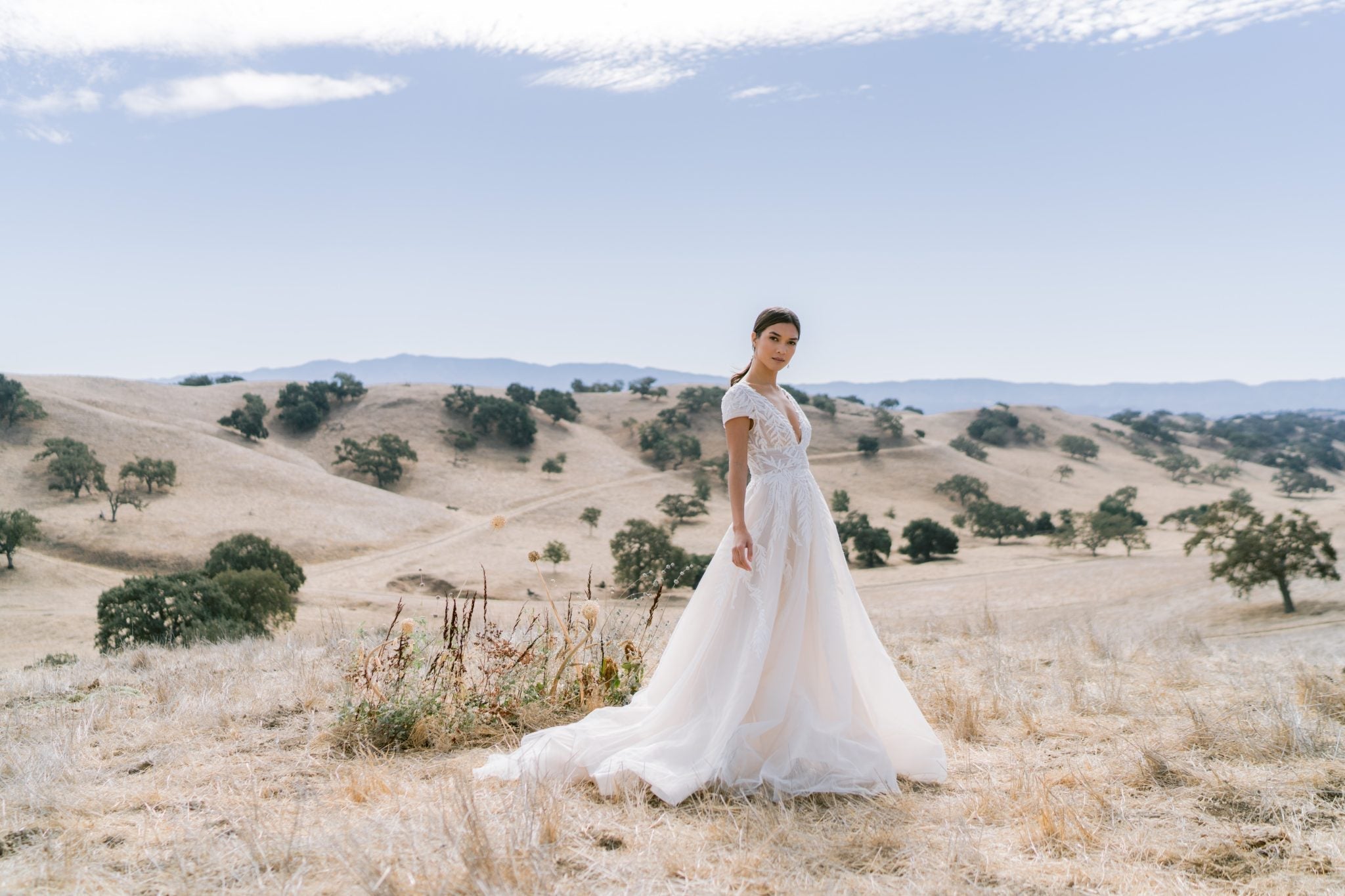high neck empire waist wedding dress Regency Inspired Empire Waist Lace Trimmed Wedding Dress & Long Veil circa 1960s