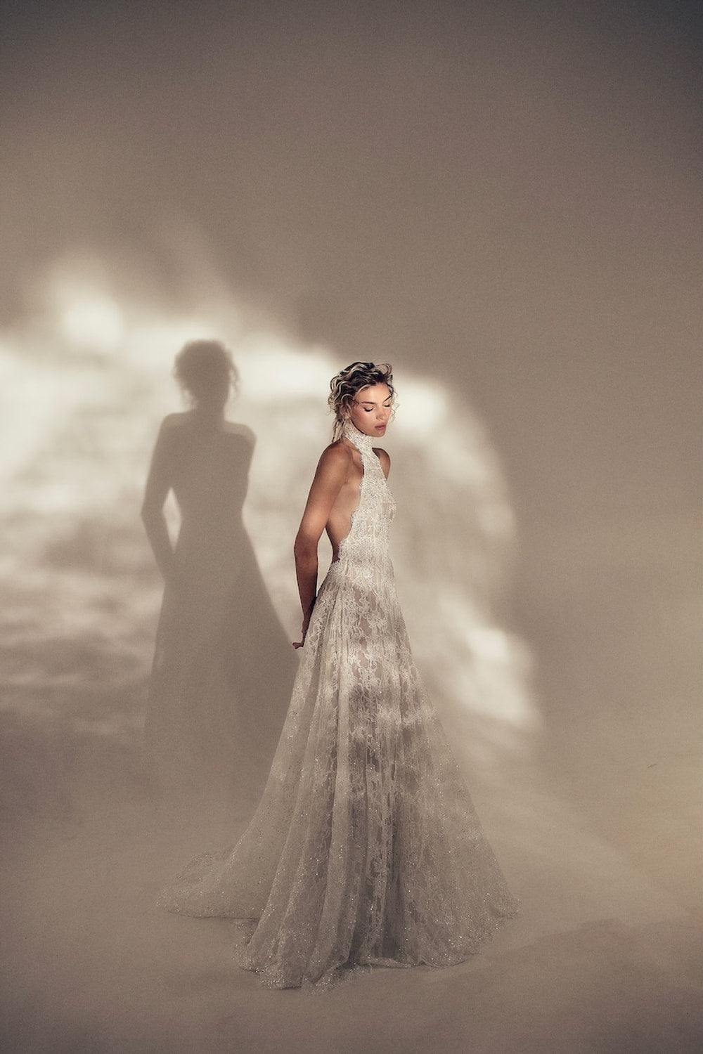 Sexy Lace Halter A-Line Wedding Dress with Dramatic Back Details by Pnina Tornai — image 1 of 3