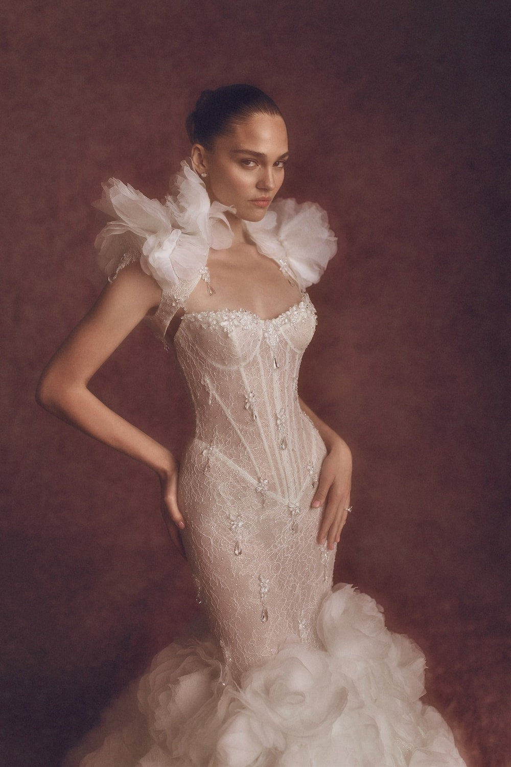 Dramatic Mermaid Wedding Dress with Floral Details and Detachable Bolero by Pnina Tornai — image 2 of 4