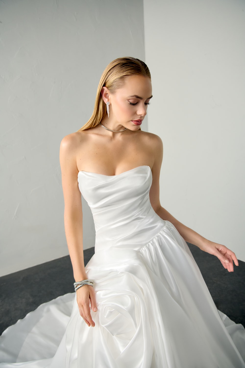 Strapless Ruched Ball Gown with 3D Floral Detail by Justin Alexander Signature — image 2 of 5