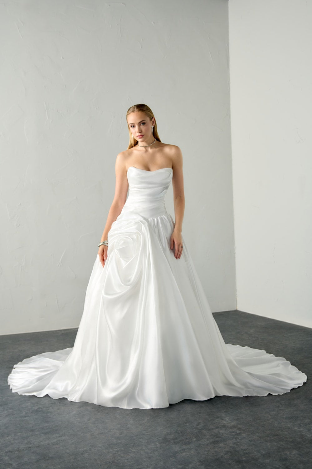 Strapless Ruched Ball Gown with 3D Floral Detail by Justin Alexander Signature — image 1 of 5