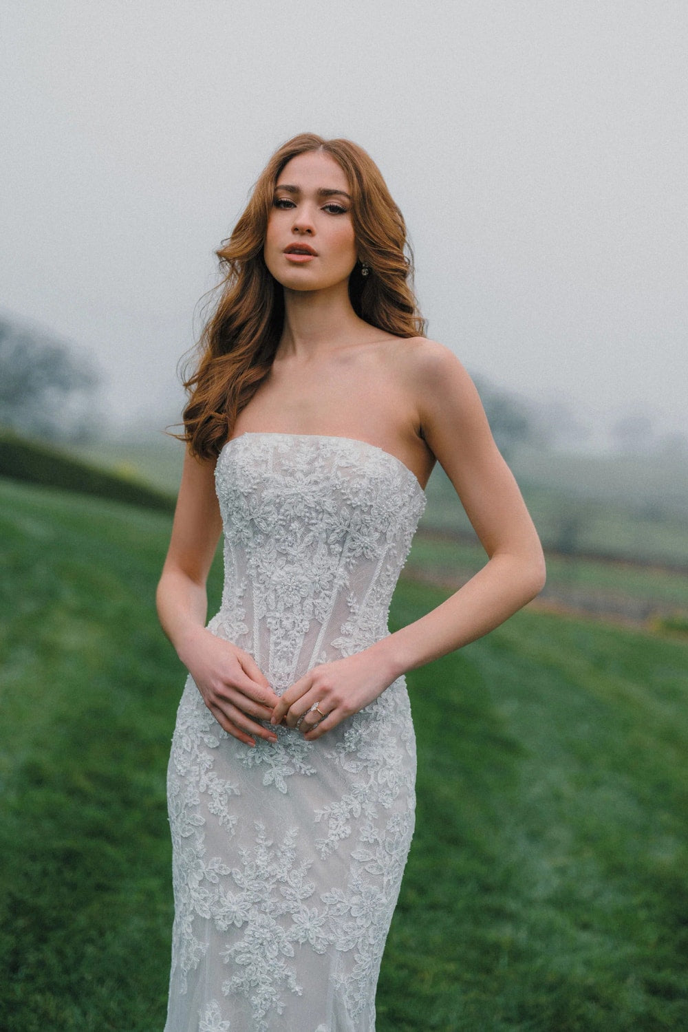 Modern Lace Sheath Wedding Dress with Subtle Shimmer by Allure Bridals — image 2 of 4