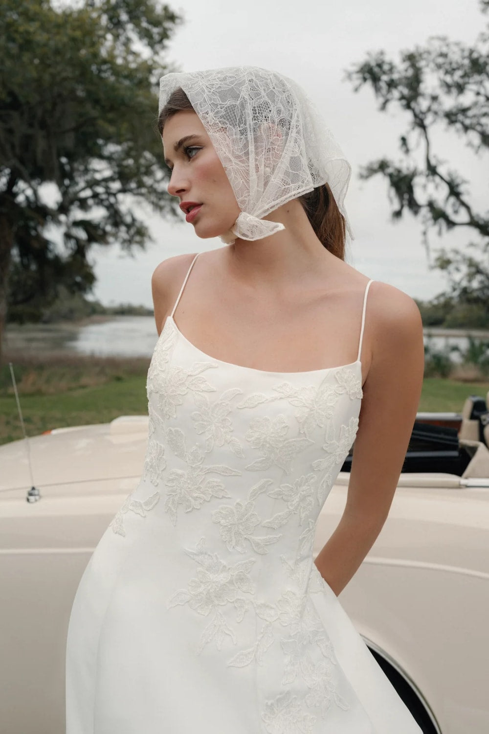 Simple Scoop Neck A-Line Wedding Dress with Floral Lattice Appliqués by Anne Barge — image 2 of 3