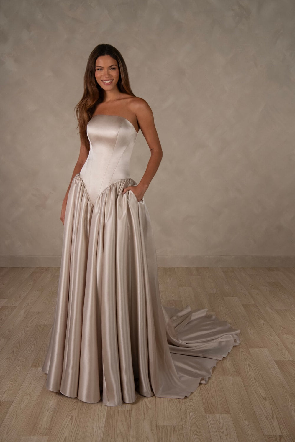Simple A-Line Wedding Dress with Crescent Neckline by Essense of Australia — image 1 of 2