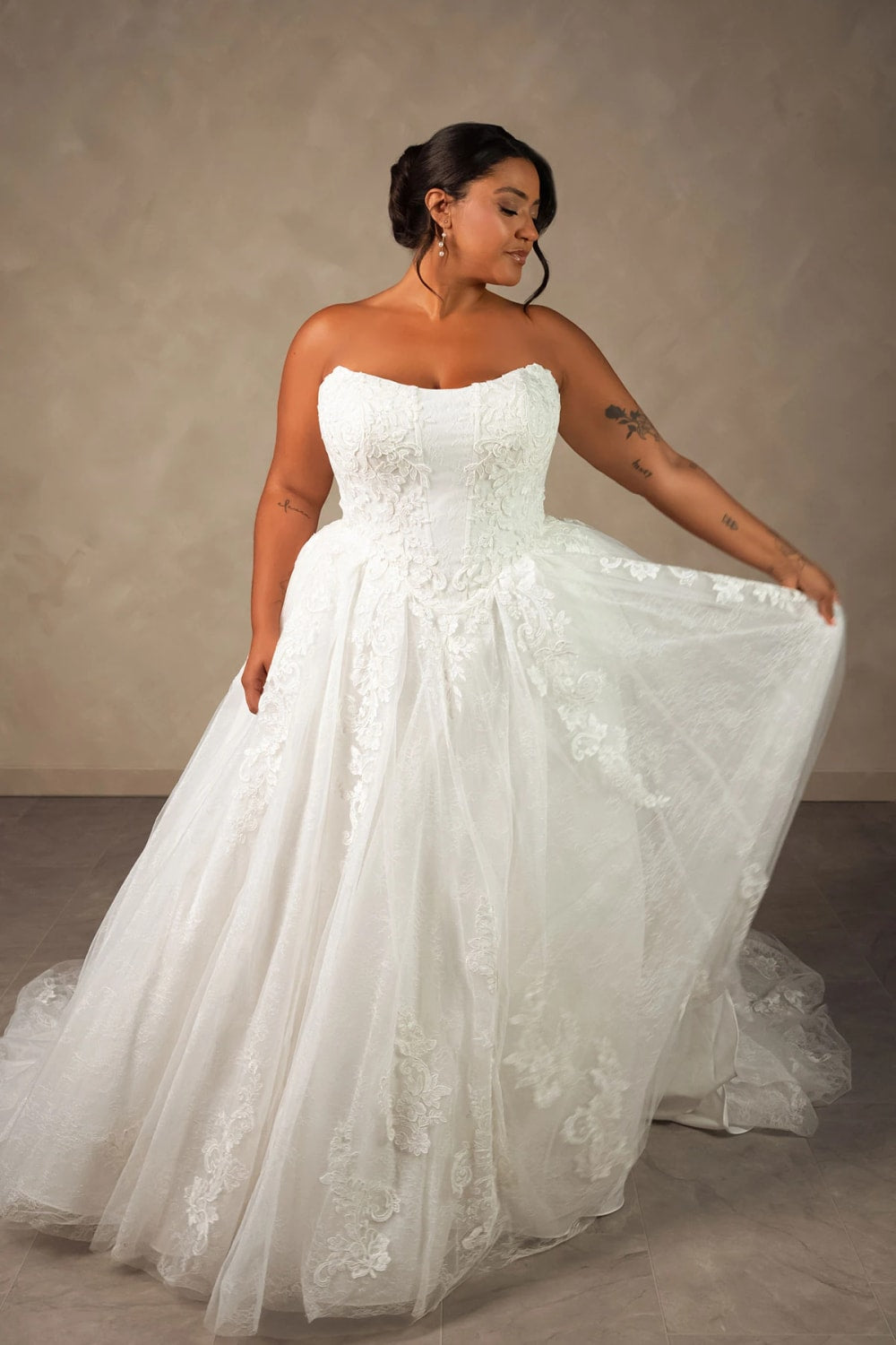 Detailed Strapless Lace Ballgown with Detachable Cape by Essense of Australia — image 2 of 3