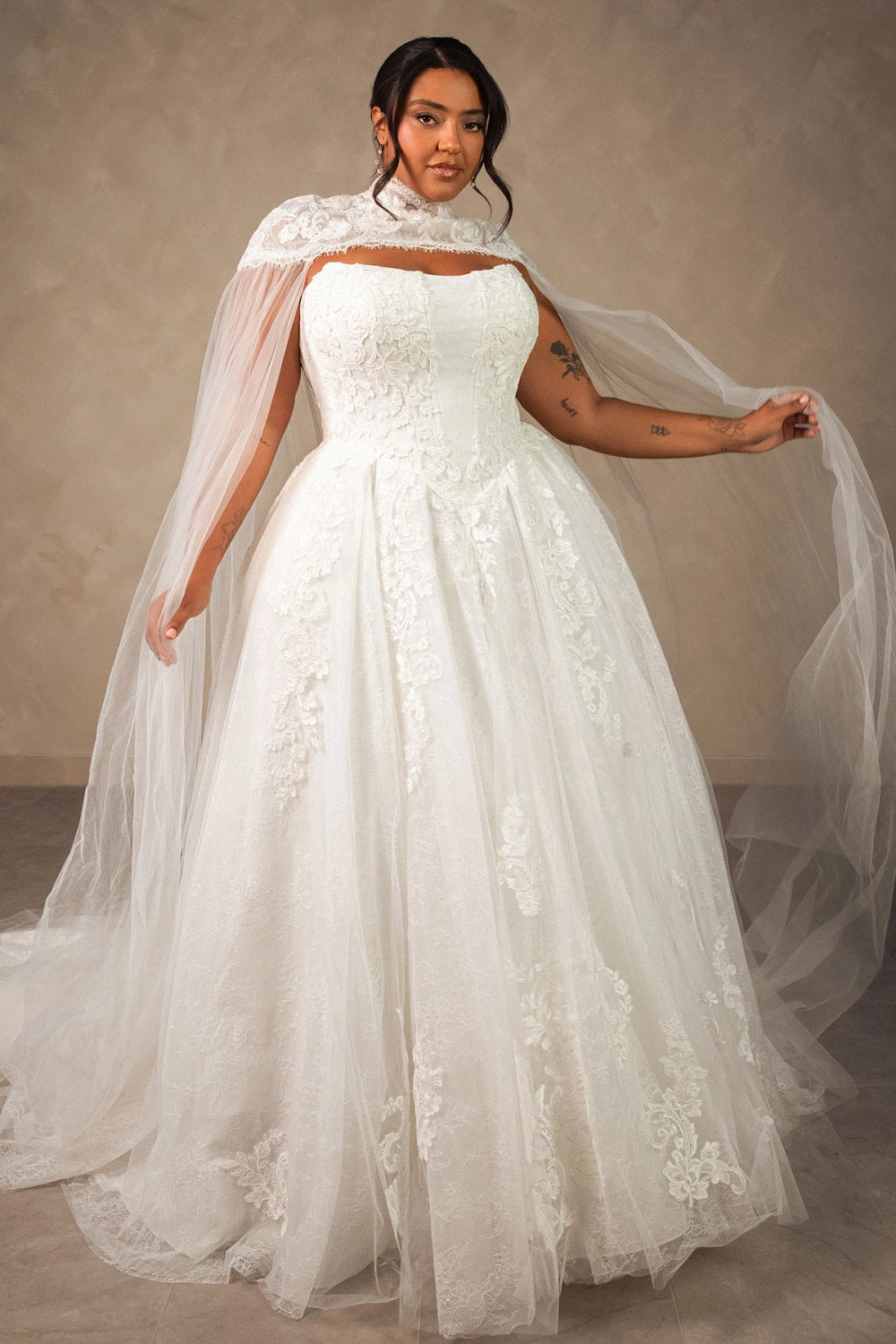 Detailed Strapless Lace Ballgown with Detachable Cape by Essense of Australia — image 1 of 3