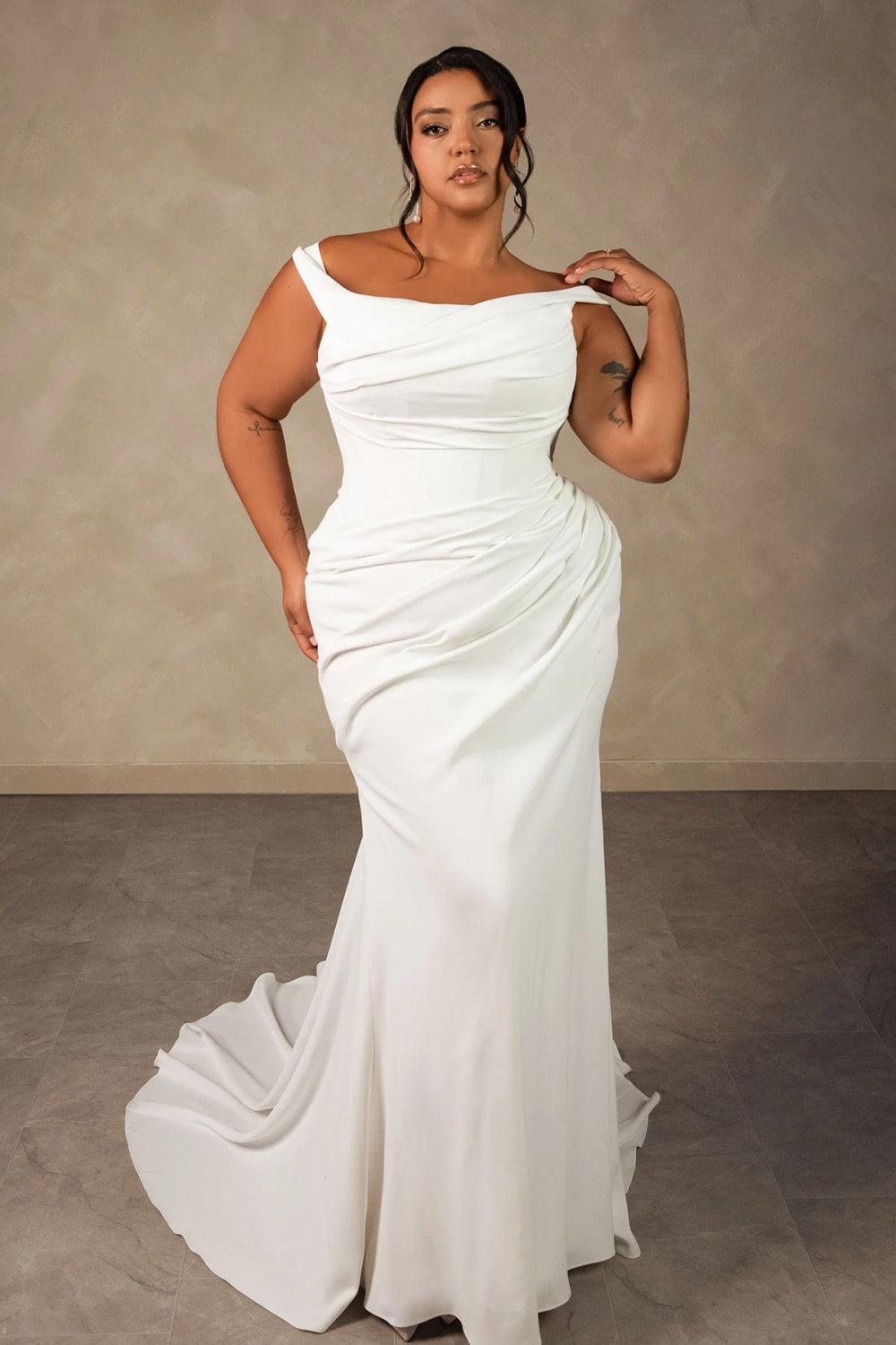 Plus-Size Simple Sheath Wedding Dress with Ruching by Essense of Australia — image 2 of 3