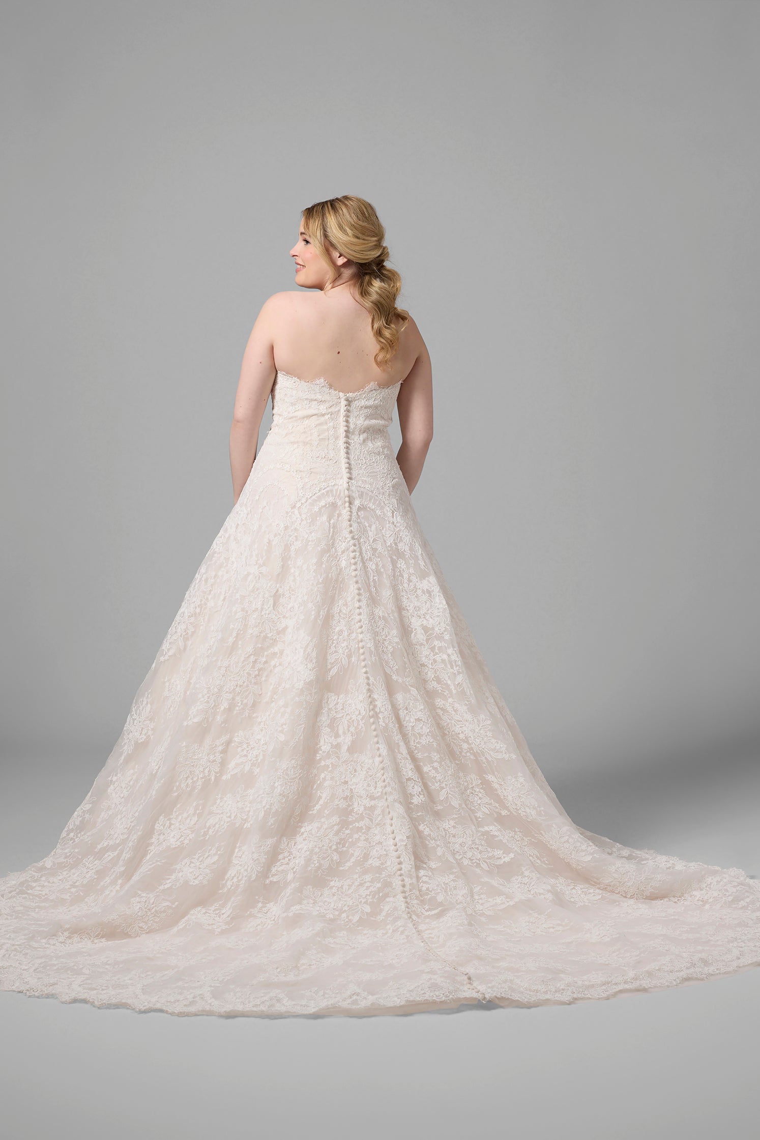 Plus-Size Chic And Romantic Strapless Lace Modified A-Line Wedding Dress