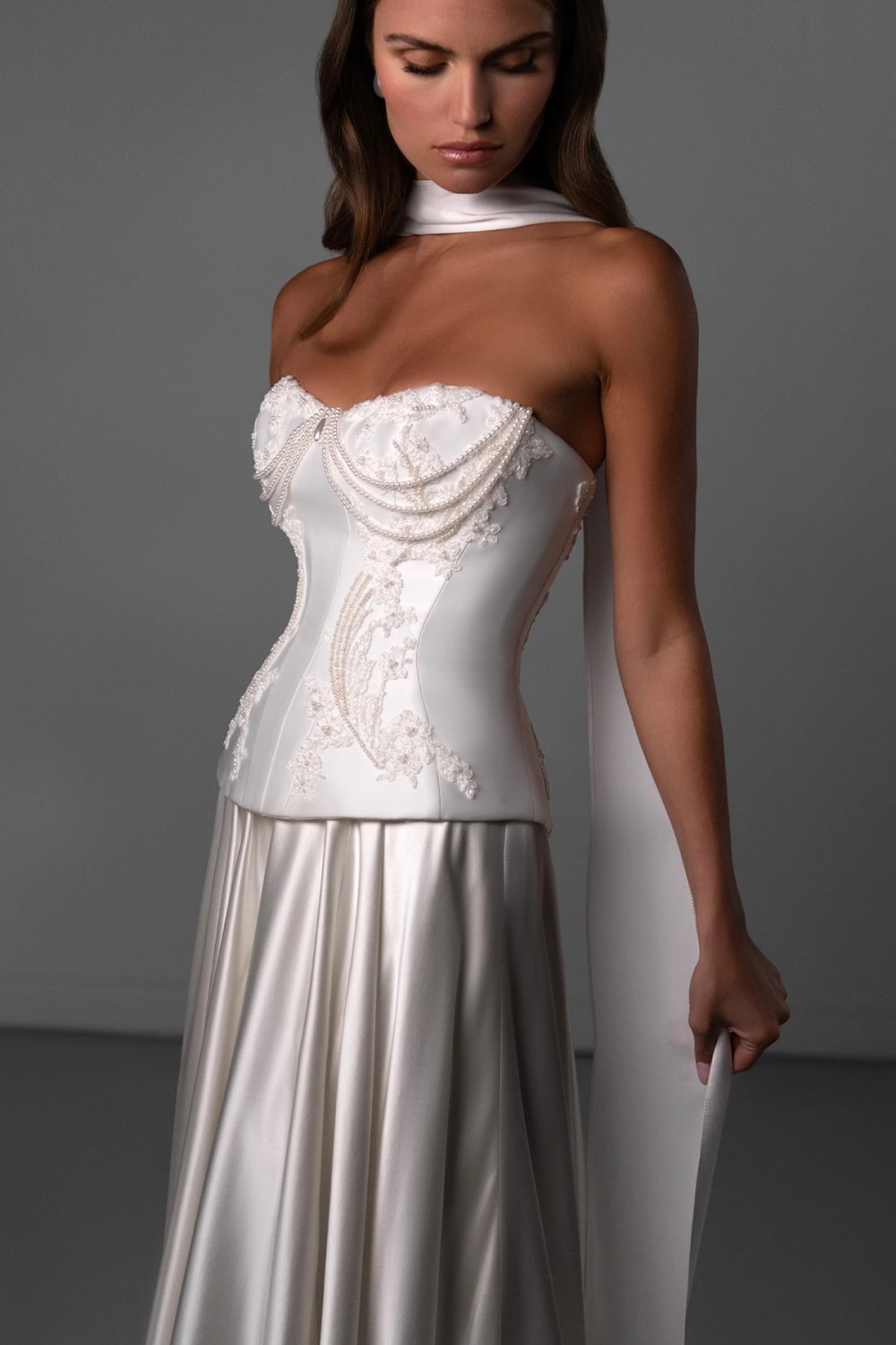Beaded Pearl‑Draped A‑Line Gown by Martina Liana Luxe — image 2 of 4