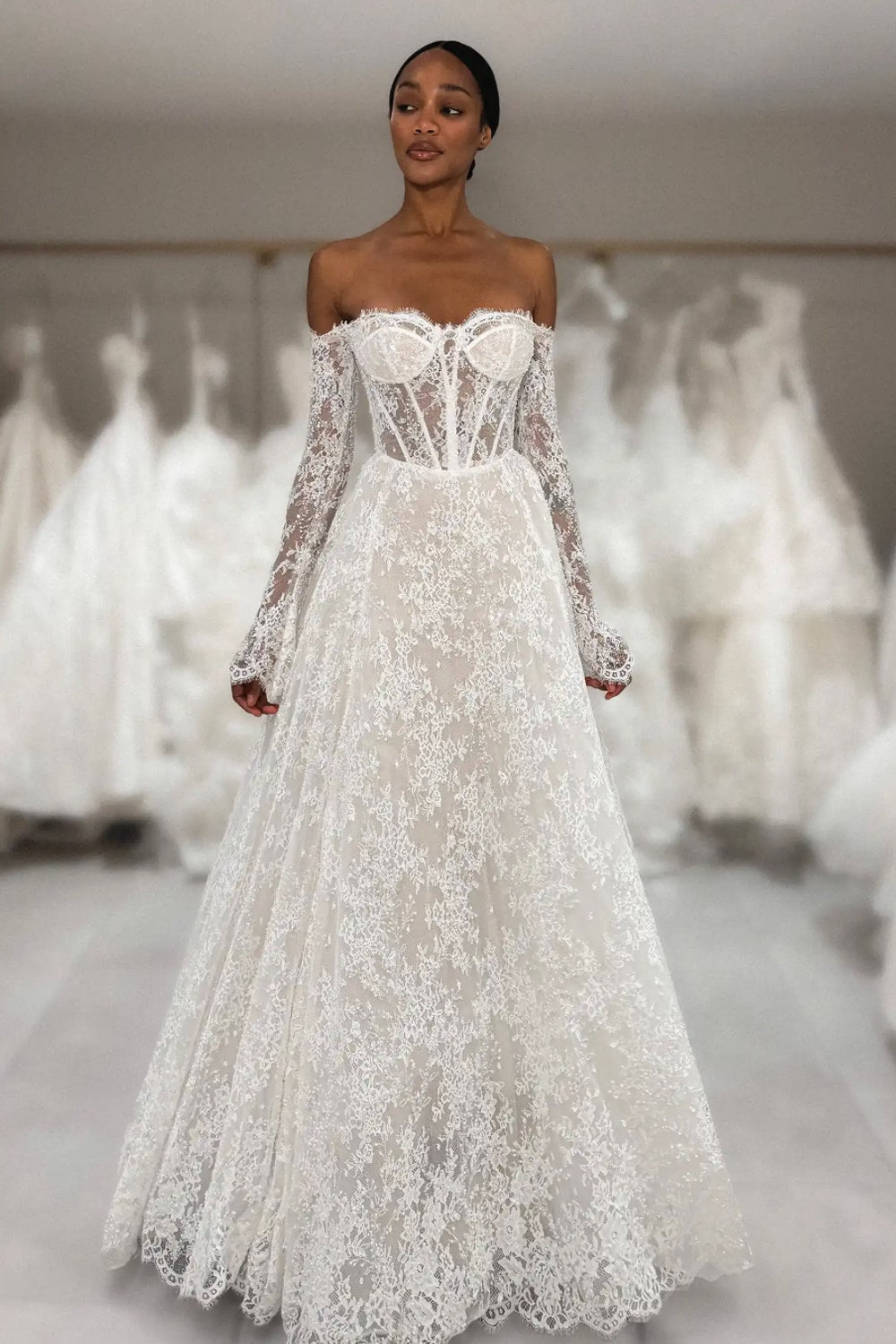 Off-The-Shoulder A-Line Wedding Dress with Sheer Bodice by Love by Pnina Tornai β image 1 of 3