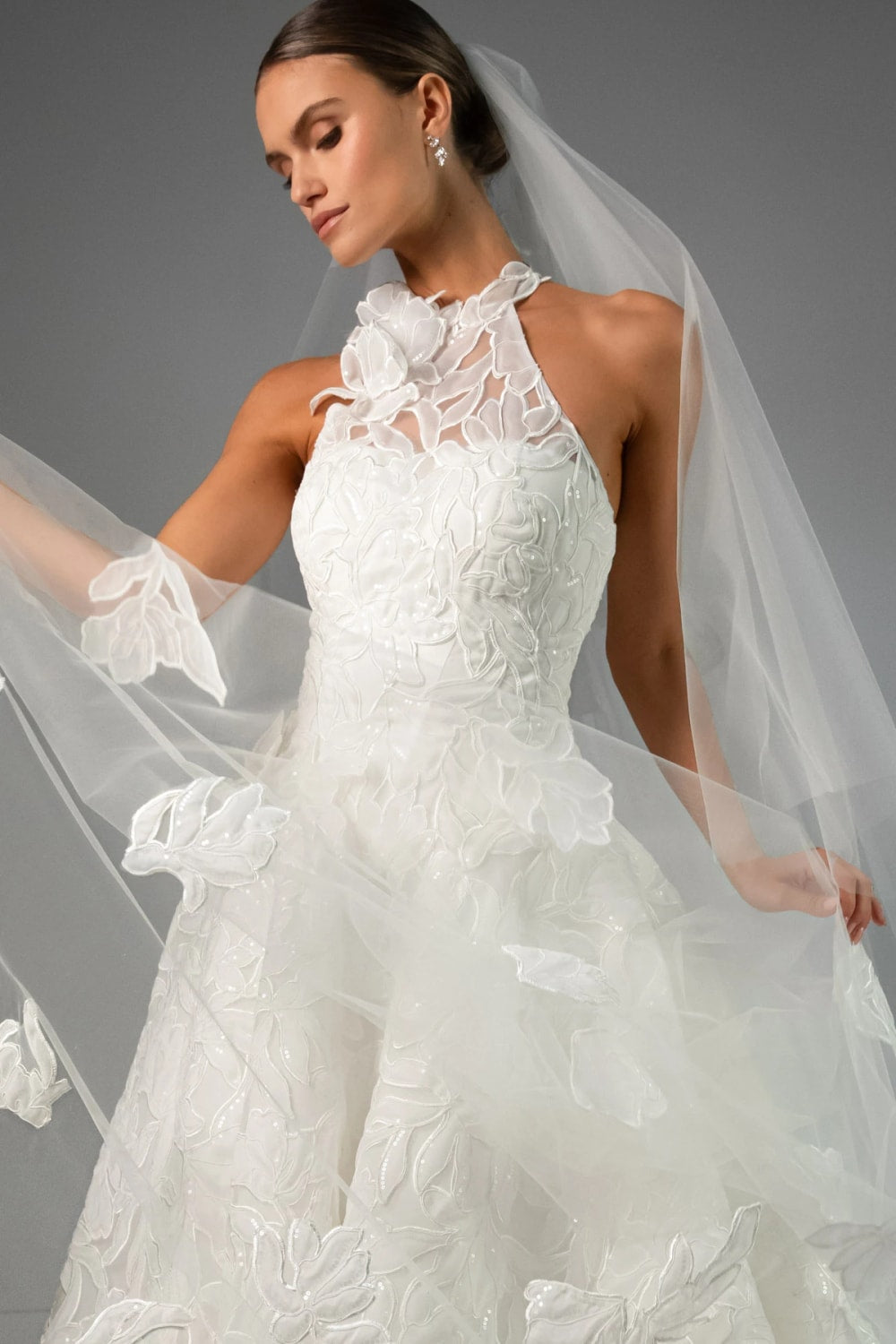 High-Neck A-Line Wedding Dress with Dimensional Floral Details by Martina Liana Luxe — image 2 of 3