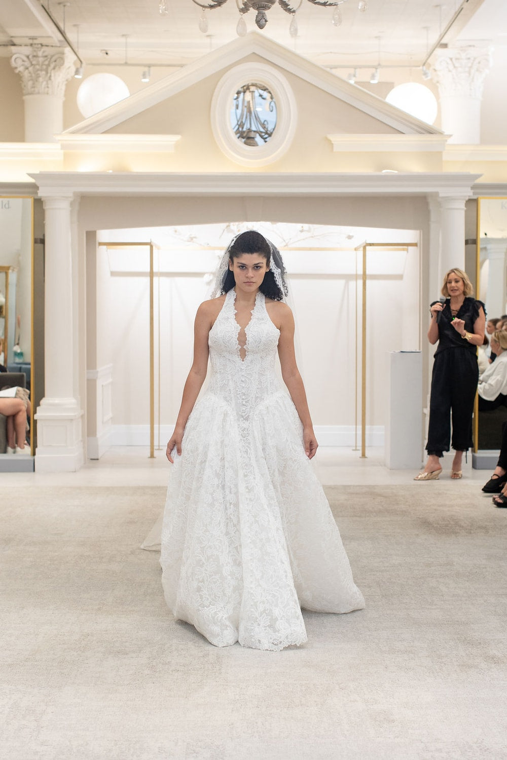 All Over Lace Modern Halter A-Line Wedding Dress with Dropped Waist by Martina Liana for Kleinfeld — image 1 of 2