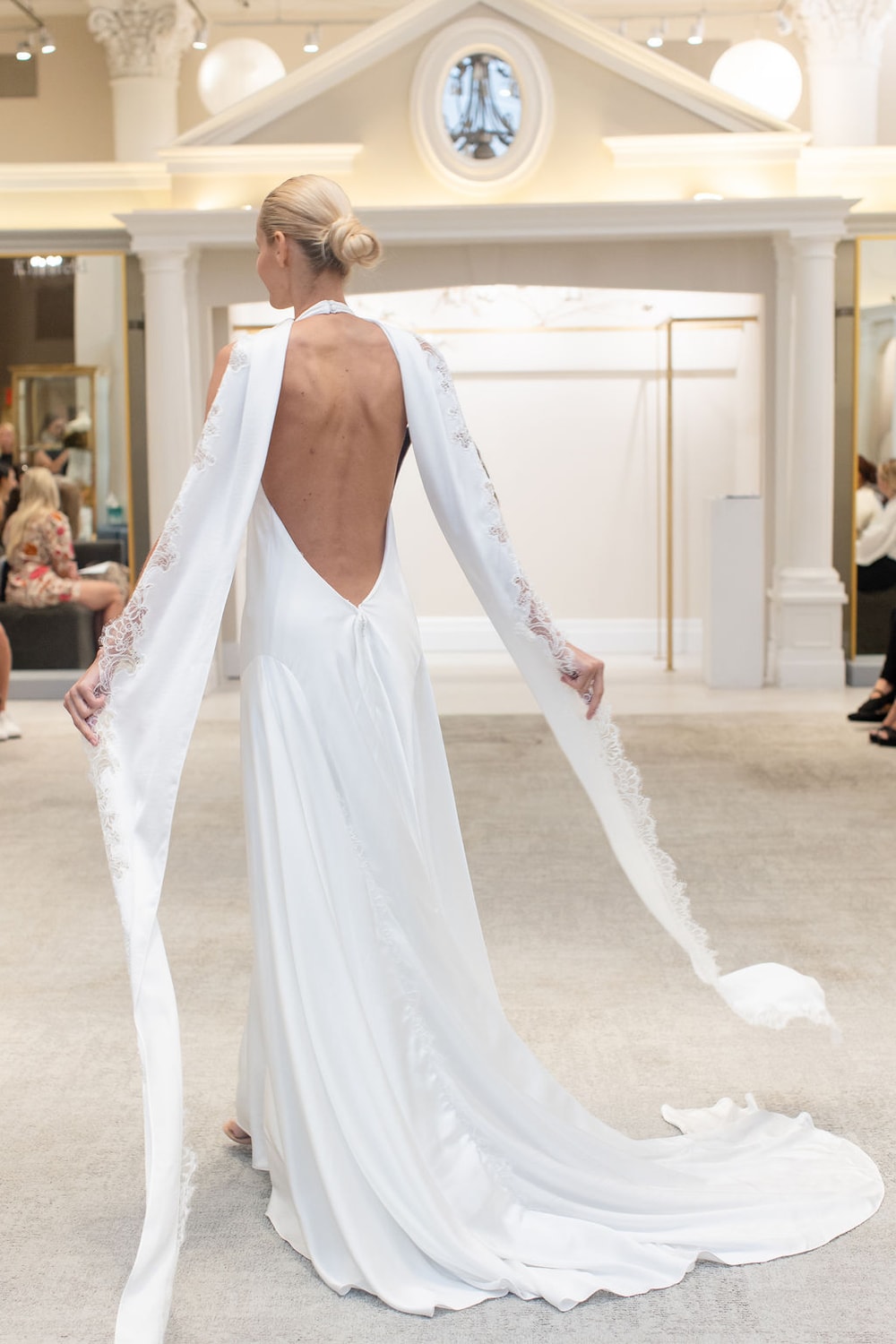Chic and Sexy High Neck Sheath Wedding Dress with Dramatic Open Back by Martina Liana for Kleinfeld — image 3 of 3