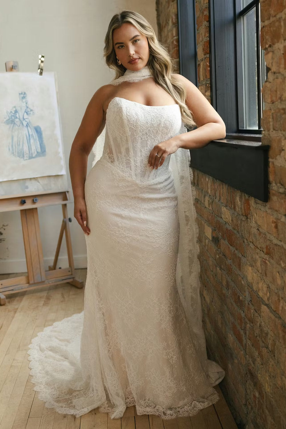 Plus-Size Simple Lace Strapless Sheath Wedding Dress by Maggie Sottero — image 1 of 5