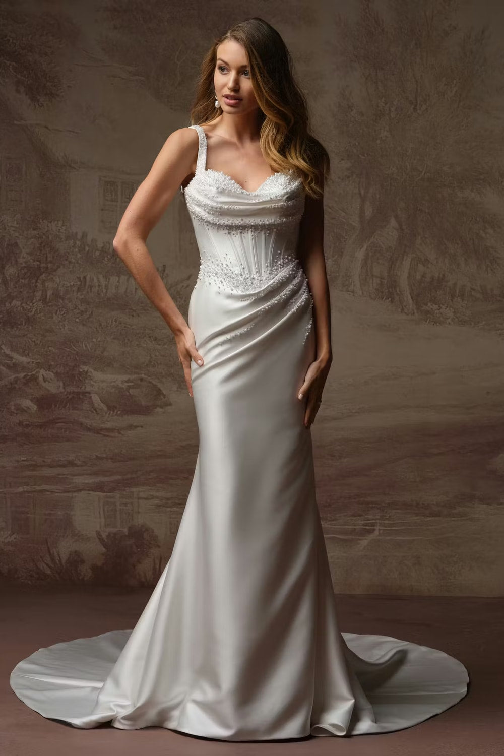 Pearl Embellished Sheath Wedding Dress with Asymmetrical Draping by Maggie Sottero — image 1 of 4