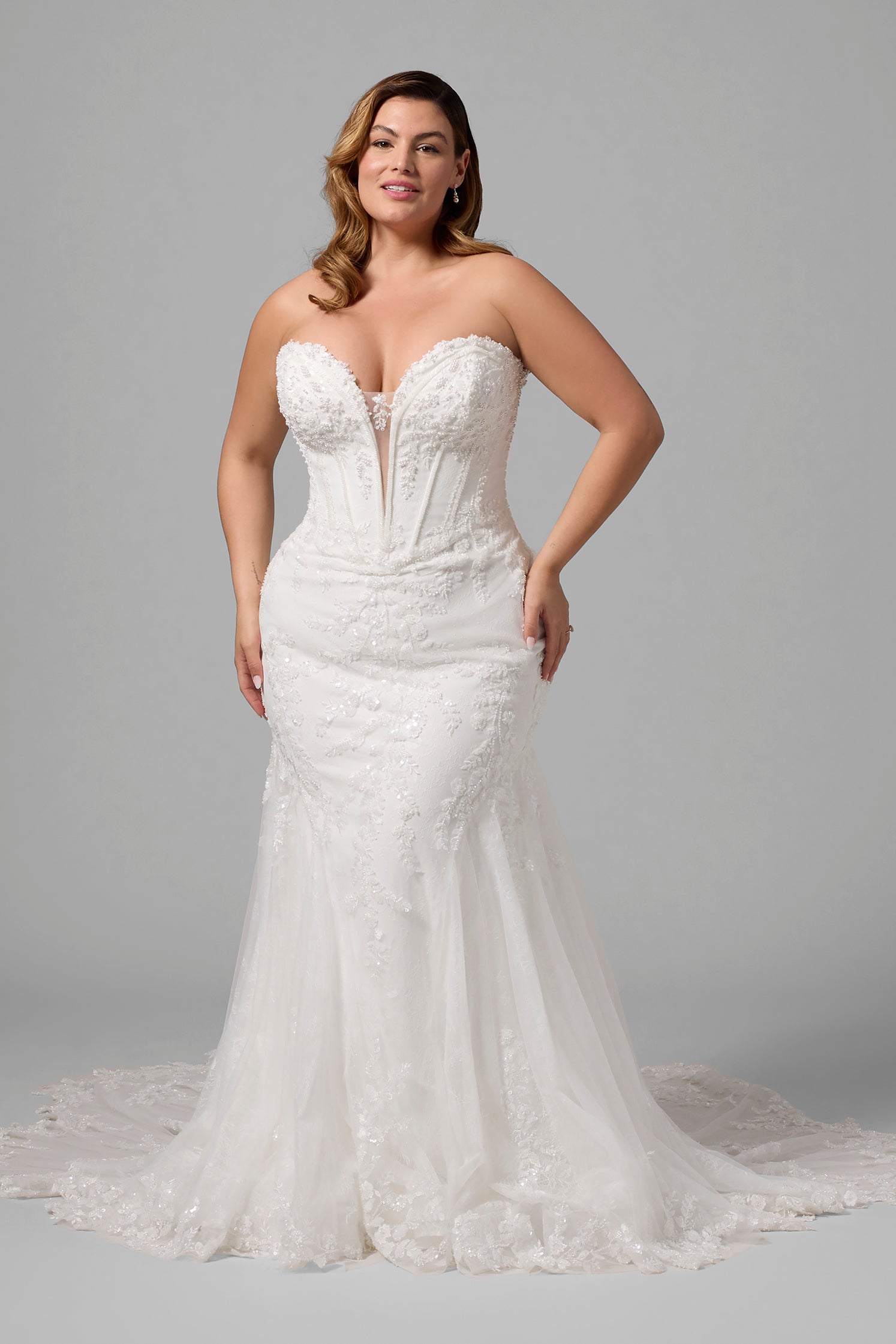 Plus-Size Strapless Embellished Lace Fit-And-Flare Wedding Dress