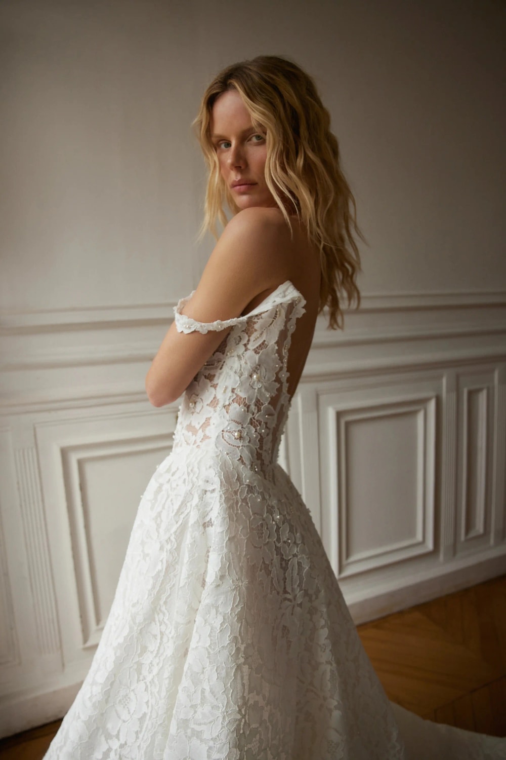 Floral A-Line Wedding Dress with Delicate Off-The-Shoulder Straps by Netta BenShabu Elite Couture — image 3 of 4