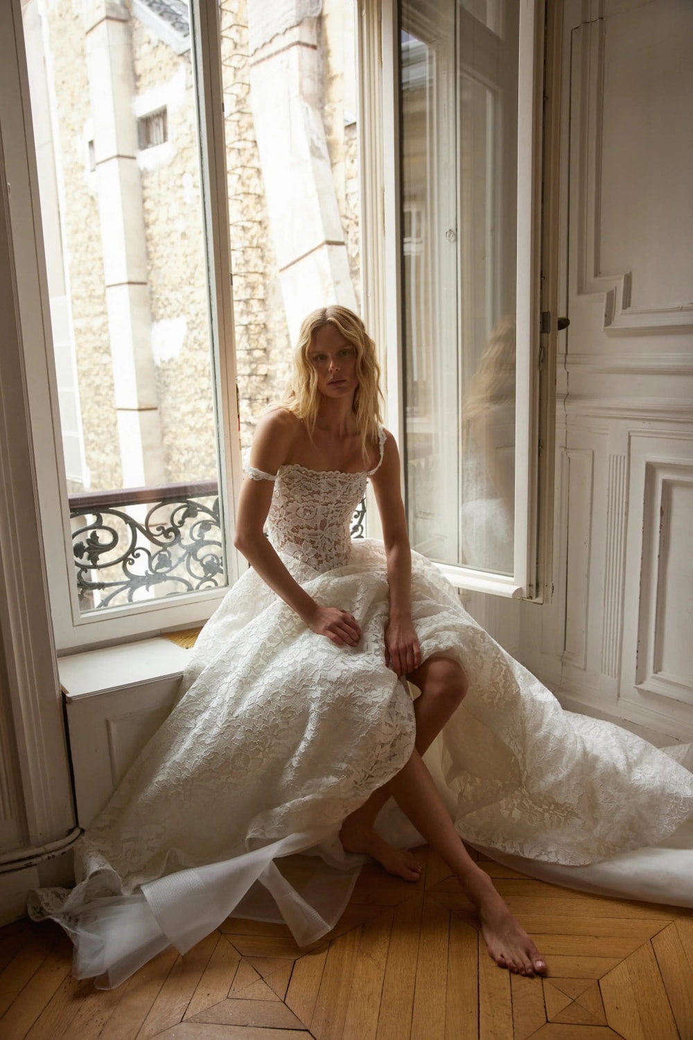 Floral A-Line Wedding Dress with Delicate Off-The-Shoulder Straps by Netta BenShabu Elite Couture — image 1 of 4