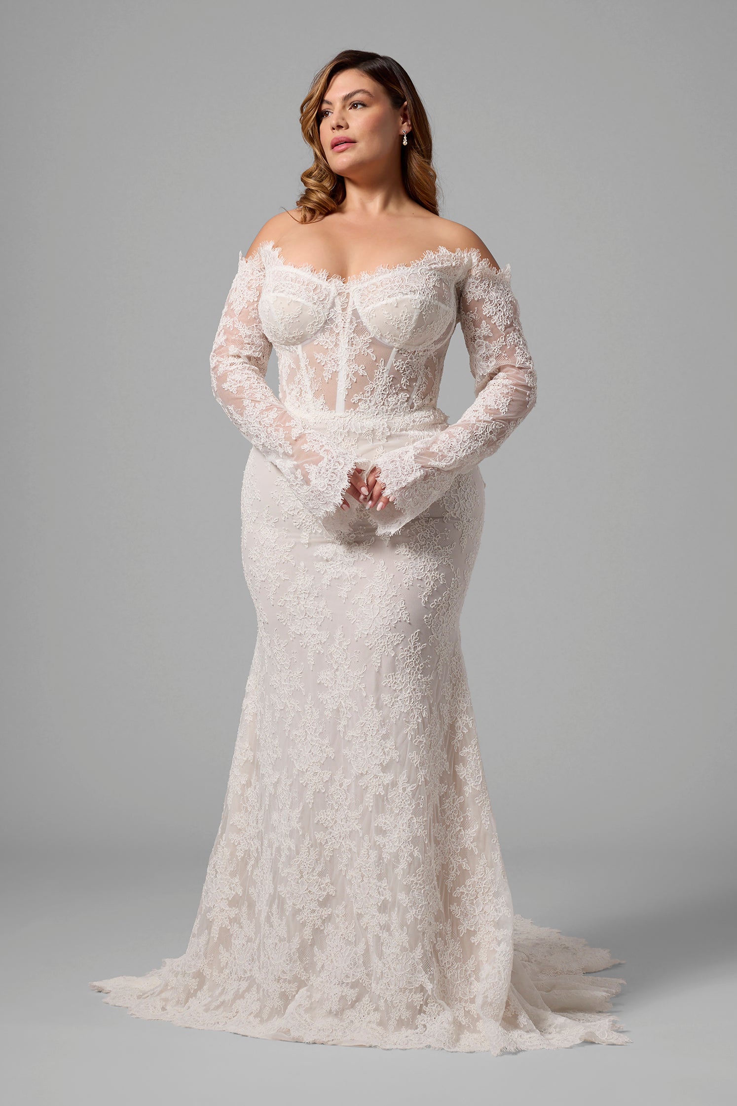 Plus-Size Off-The-Shoulder Long Sleeve Lace Fit-And-Flare Wedding Dress With Corset