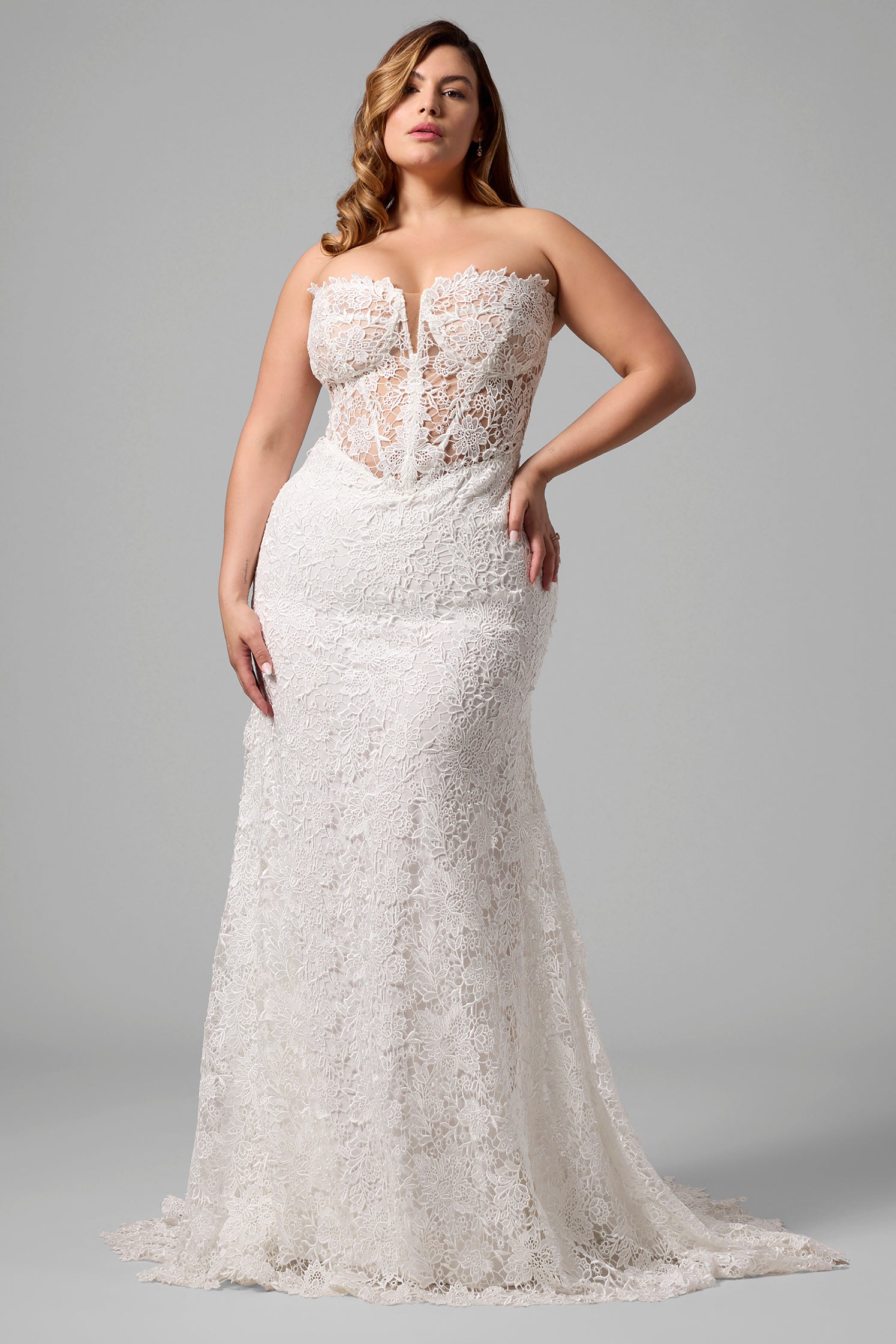 Plus-Size Strapless Lace Sheath Wedding Gown