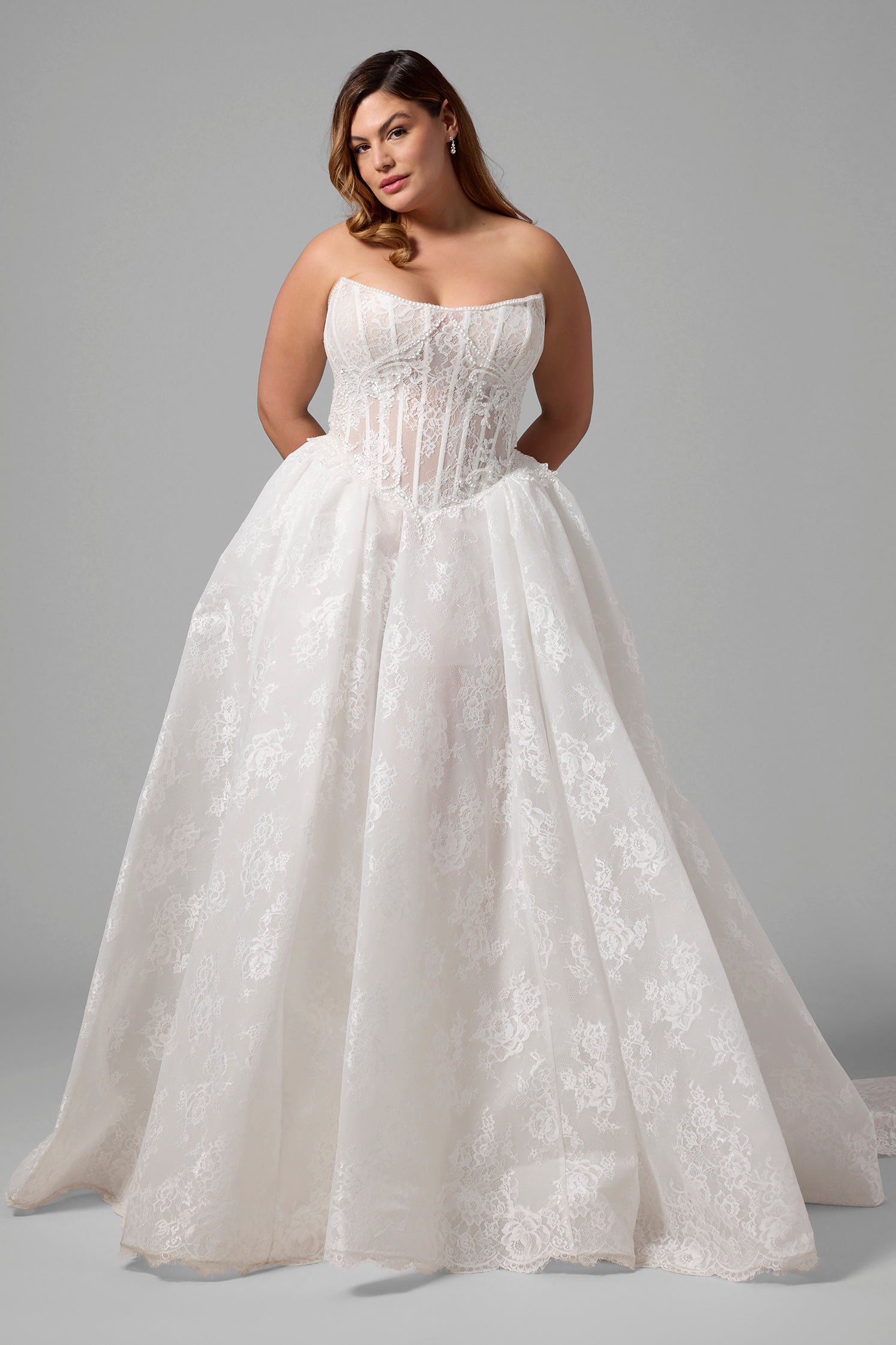 Plus-Size Basque-Waist Lace Ball Gown With Water Crystal Embellishment
