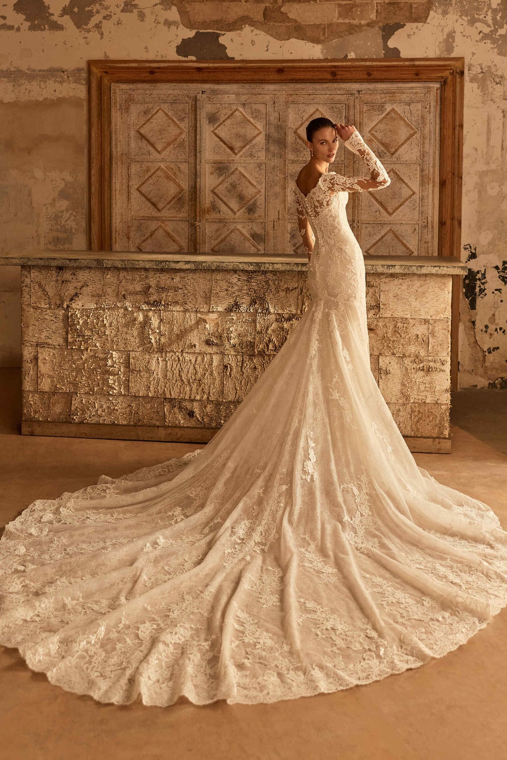 Off-The-Shoulder All Over Lace Fit-And-Flare Wedding Dress by Pronovias — image 2 of 2