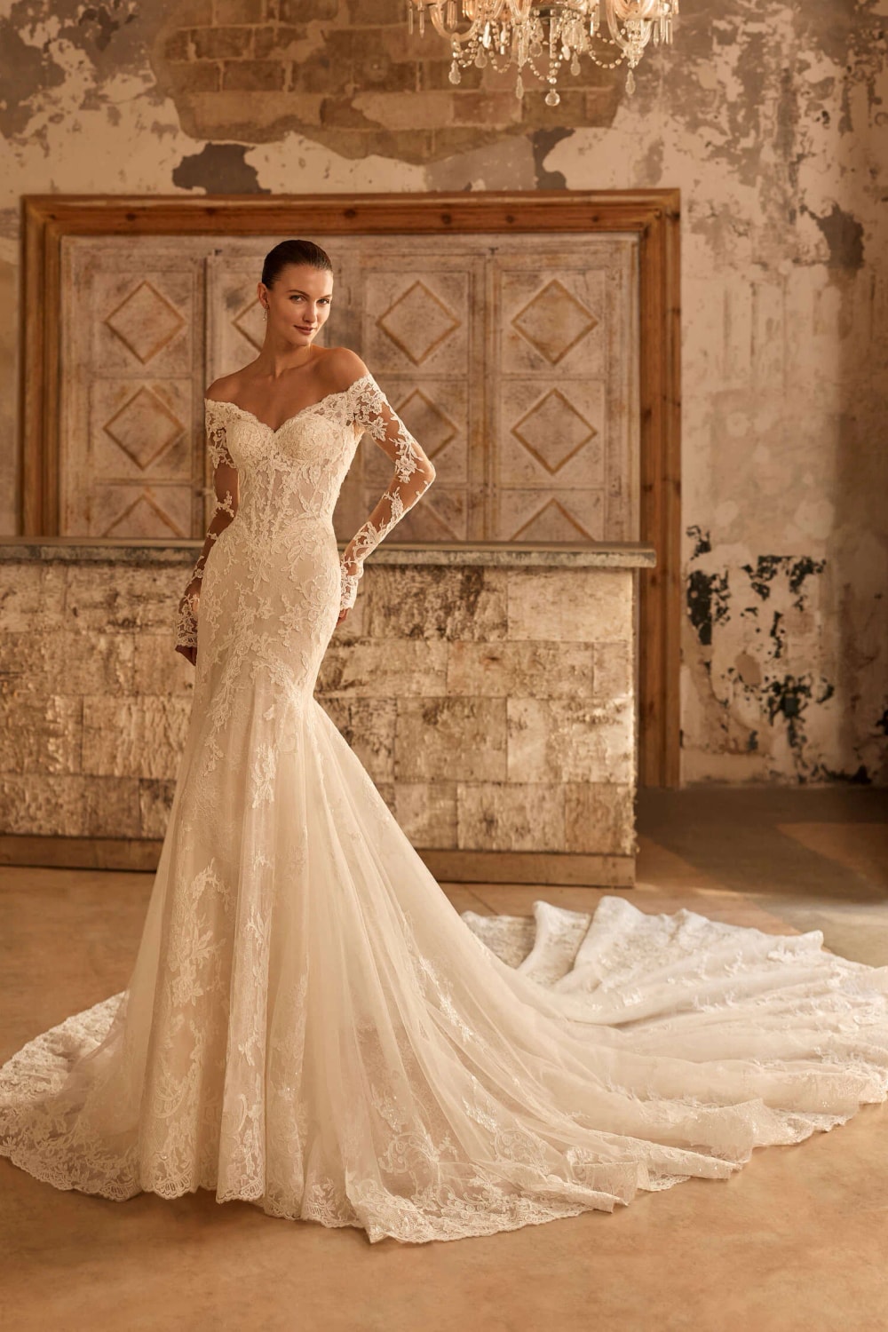 Off-The-Shoulder All Over Lace Fit-And-Flare Wedding Dress by Pronovias — image 1 of 2