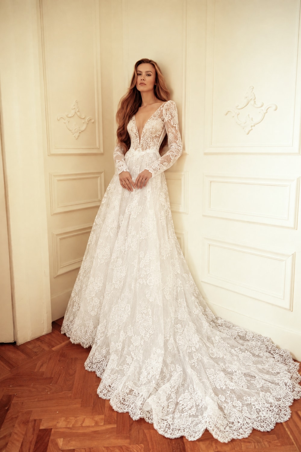 Romantic All Over Lace A-Line Wedding Dress with Plunging Neckline by Maison Signore