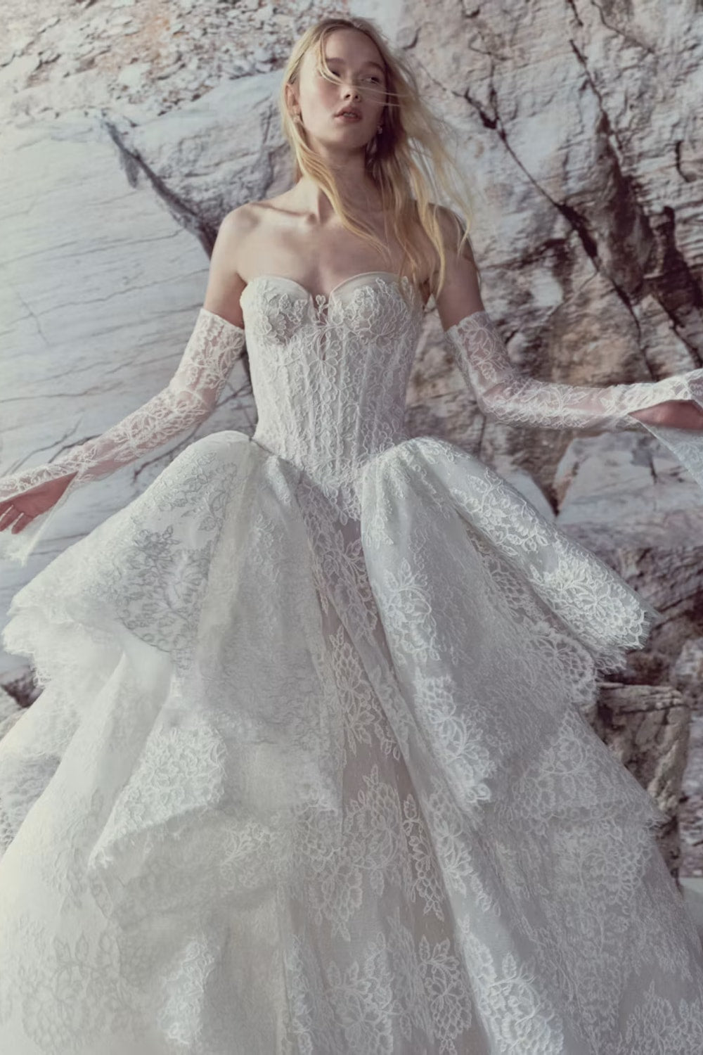 Romantic Lace Ball Gown with Voluminous Layered Lace Tiered Skirt by Rivini — image 1 of 3