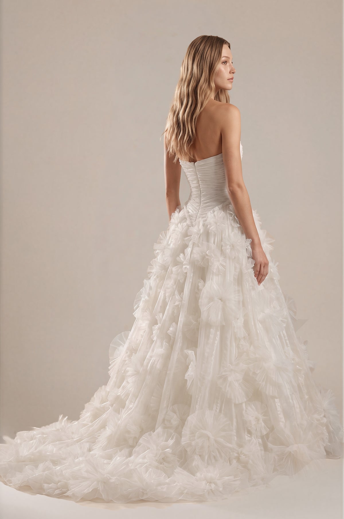 Strapless Basque Waist Ball Gown with Hand Cut 3D Flowers