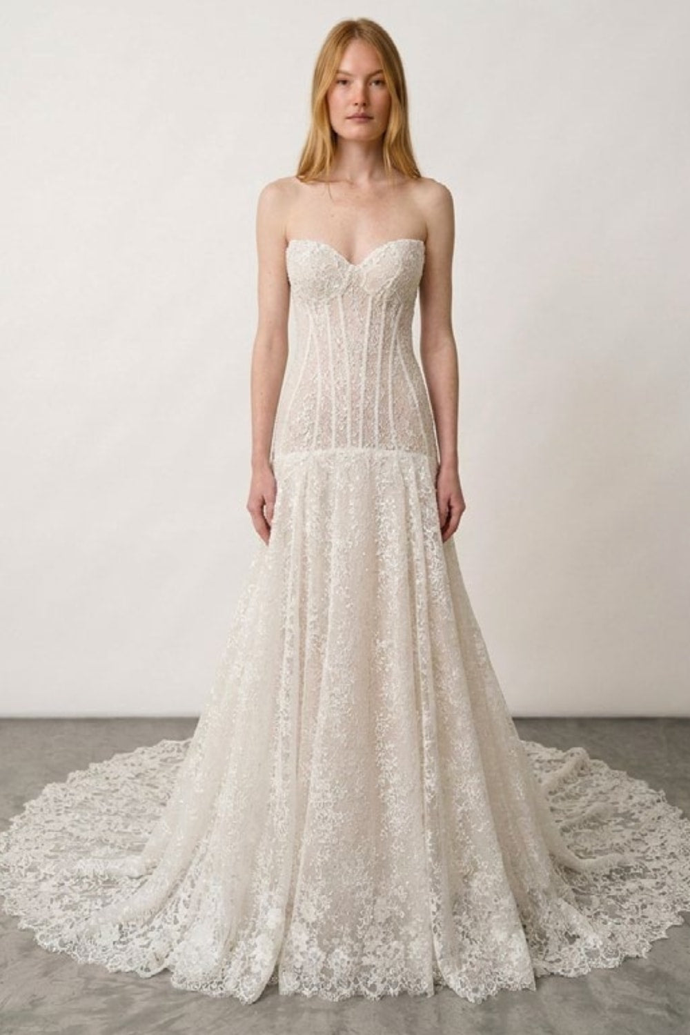 Modern Drop Waist Lace Fit-and-Flare Wedding Dress by Love by Pnina Tornai