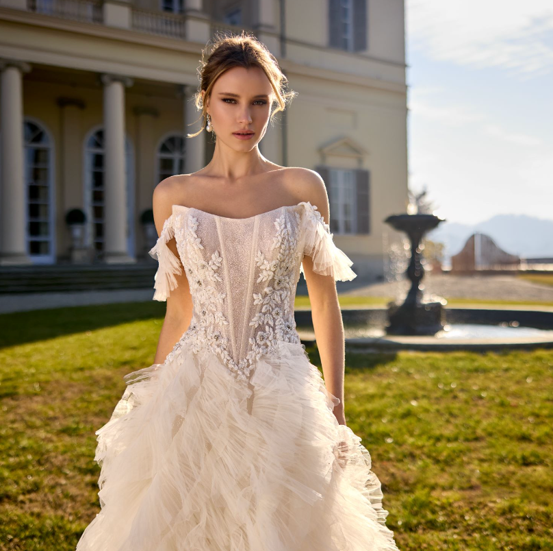 Off-The-Shoulder Ruffled Ball Gown