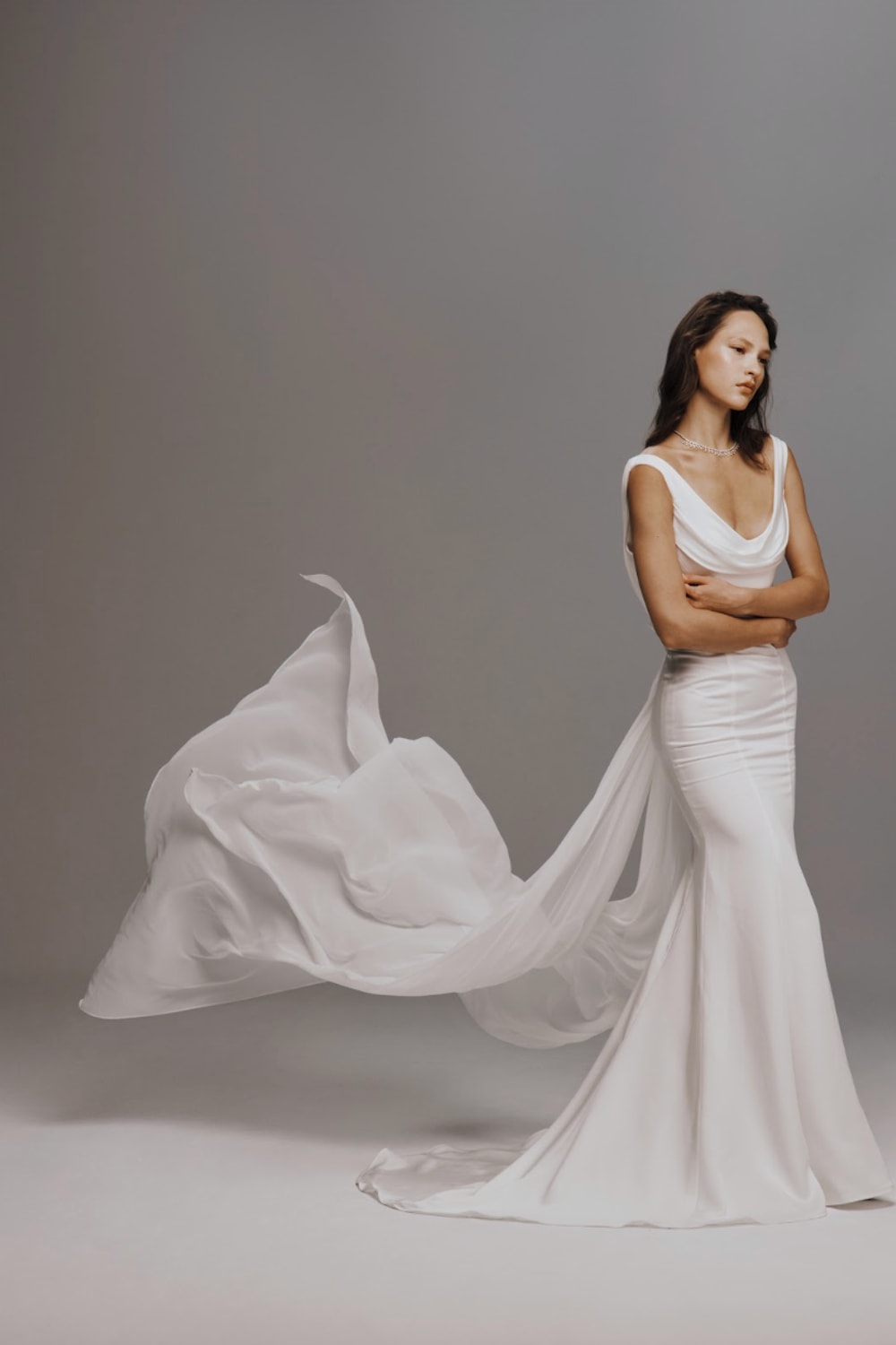 Modern Scoop Neck Sheath Wedding Dress by Nicole + Felicia For Kleinfeld — image 1 of 4