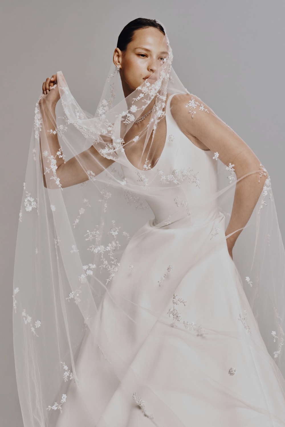 Simple Scoop Neck Wedding Dress with Detachable Jacket by Nicole + Felicia For Kleinfeld — image 3 of 5