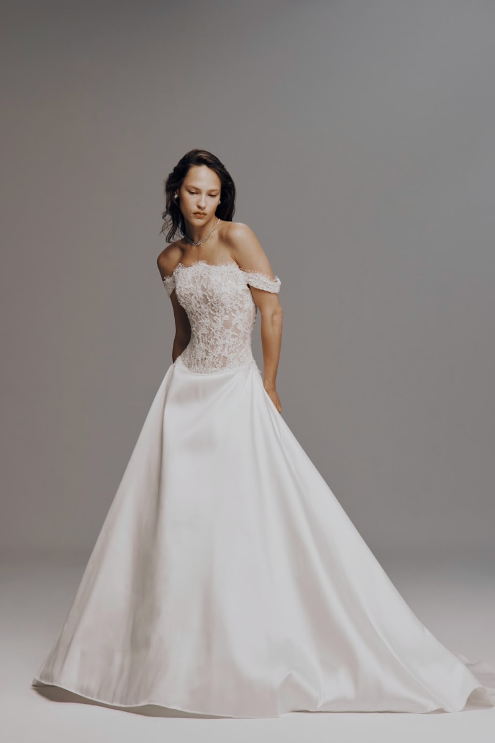 Nicole + Felicia Off-Shoulder A-Line Bridal Gown