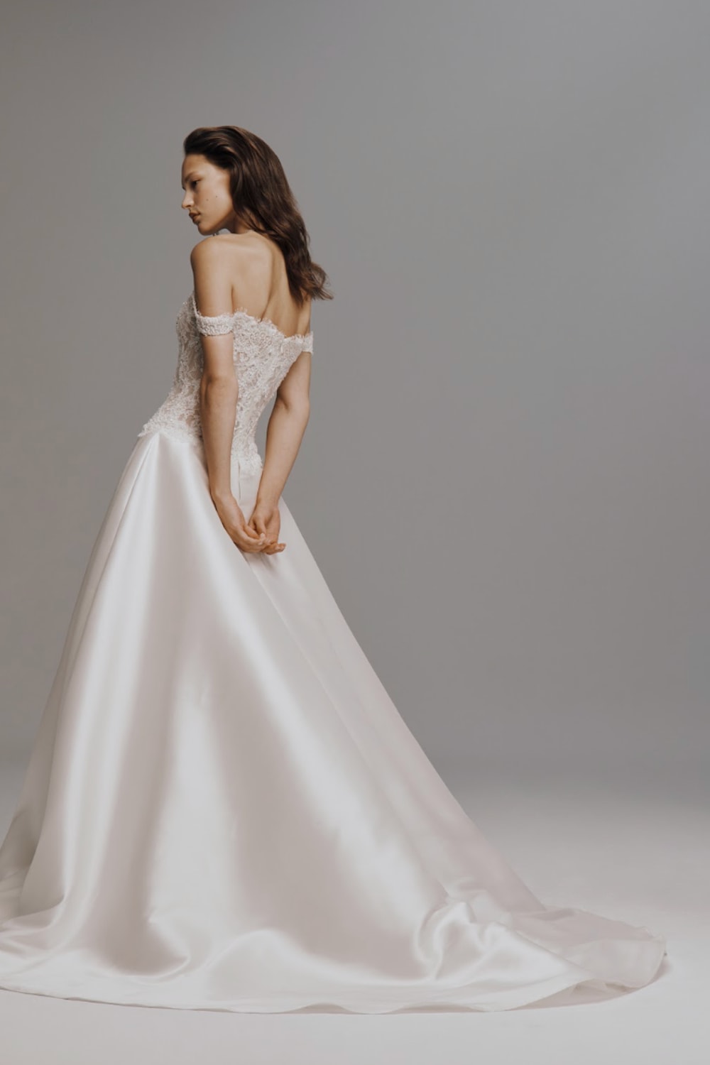 Off-The-Shoulder A-Line Wedding Dress with Lace Detailed Bodice by Nicole + Felicia For Kleinfeld — image 3 of 3