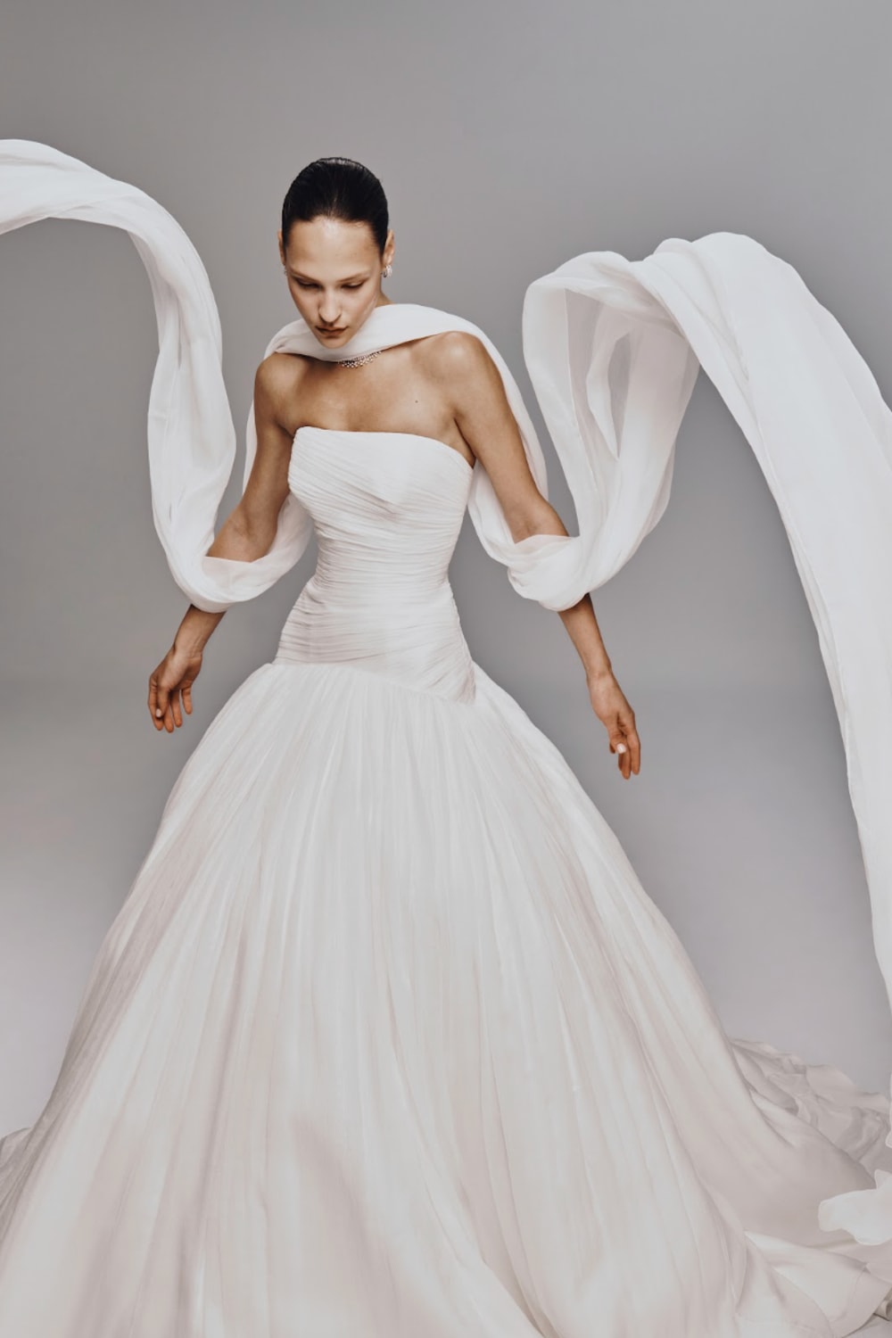 Strapless Drop Waist Ball Gown with Chiffon Overlay by Nicole + Felicia For Kleinfeld — image 2 of 3
