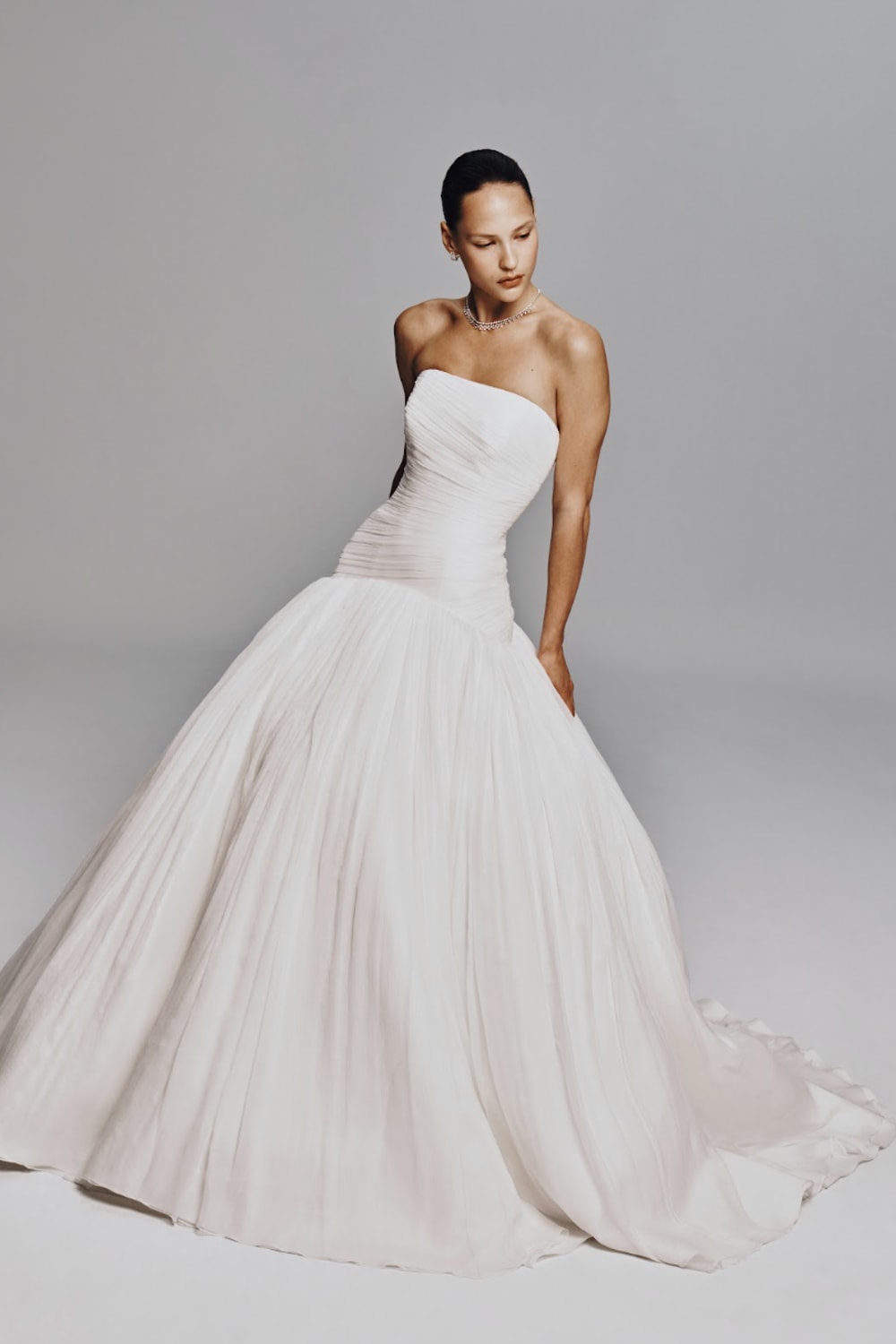 Strapless Drop Waist Ball Gown with Chiffon Overlay