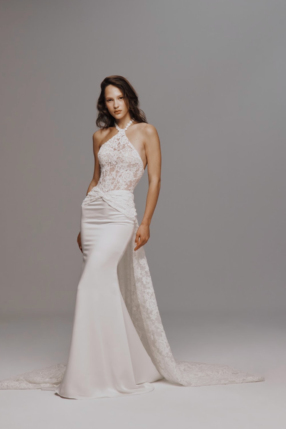 halter mermaid wedding dress Simple High Neck Stain Dresses TANYA BRIDAL Formal Wedding Mermaid Halter Sweep-Brush Train Lace