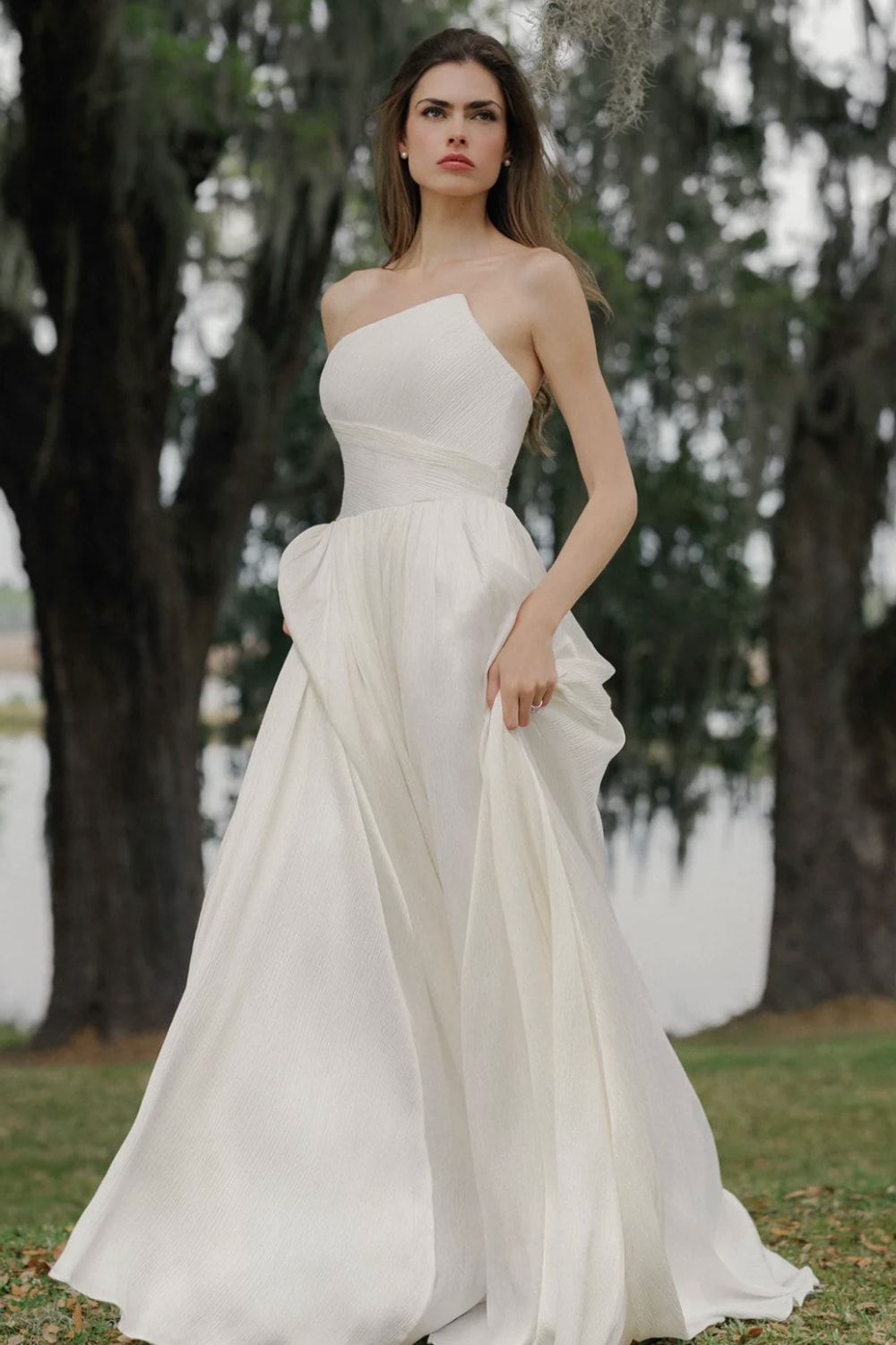 Modern A-Line Wedding Dress with Asymmetrical Neckline by Anne Barge — image 2 of 3
