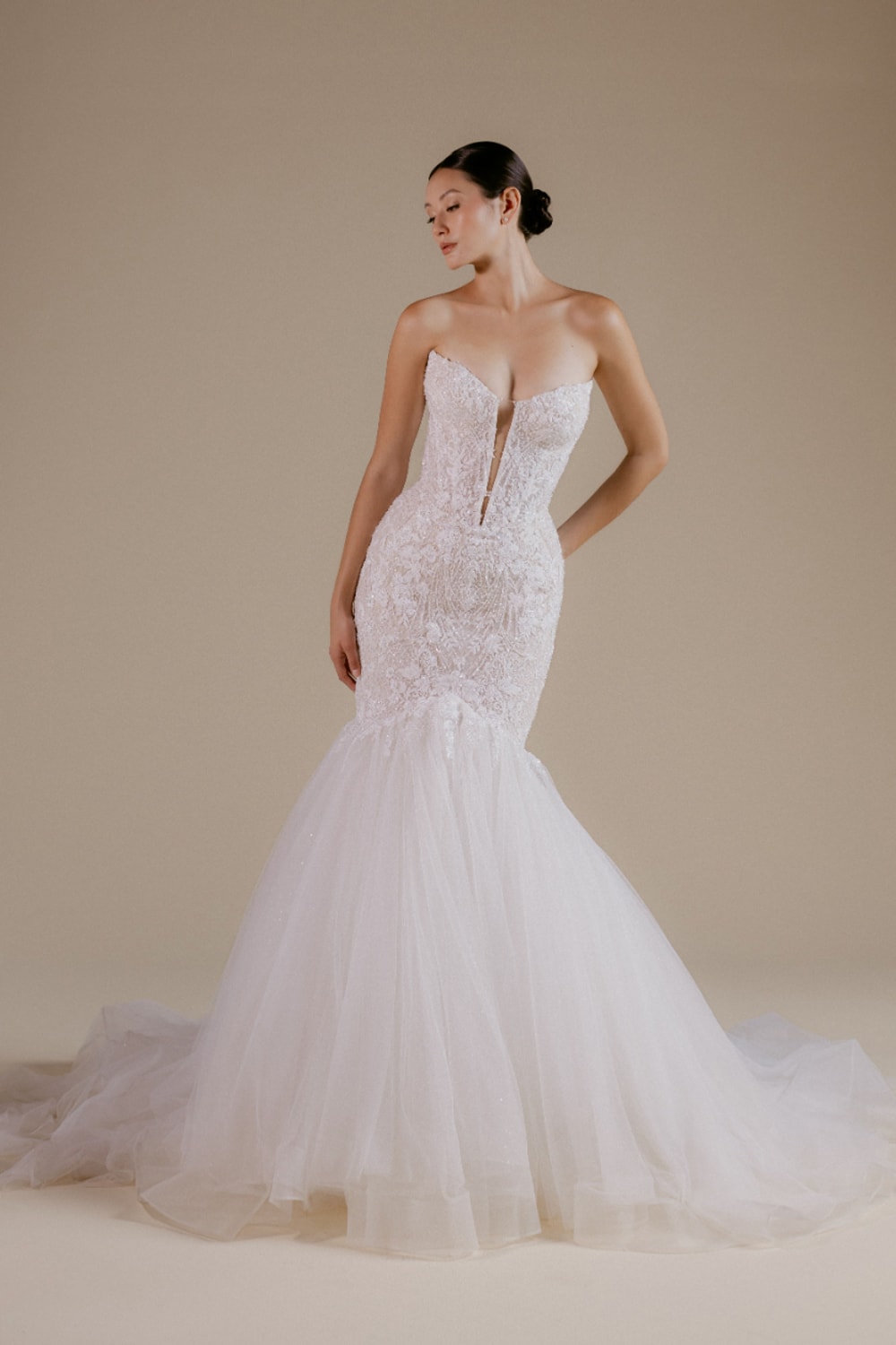 Chic Mermaid Wedding Dress with Airy Tulle Skirt by Viola Chan for Kleinfeld — image 4 of 4