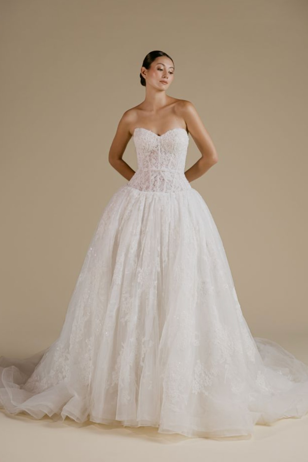 Elegant Drop Waist Ball Gown with Bow Detail by Viola Chan for Kleinfeld — image 2 of 4