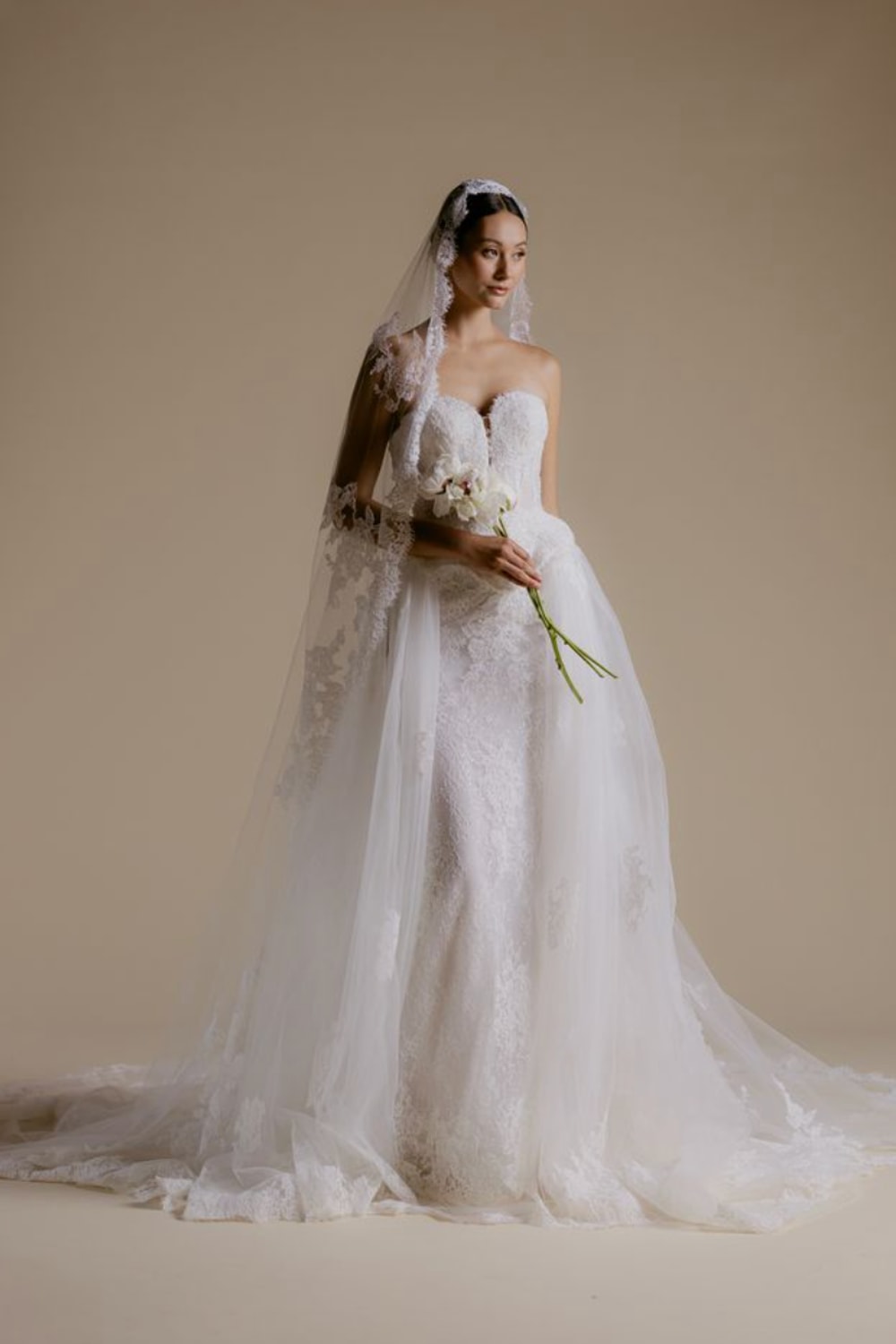 Strapless Sheath Wedding Dress with Lace Appliqué by Viola Chan for Kleinfeld