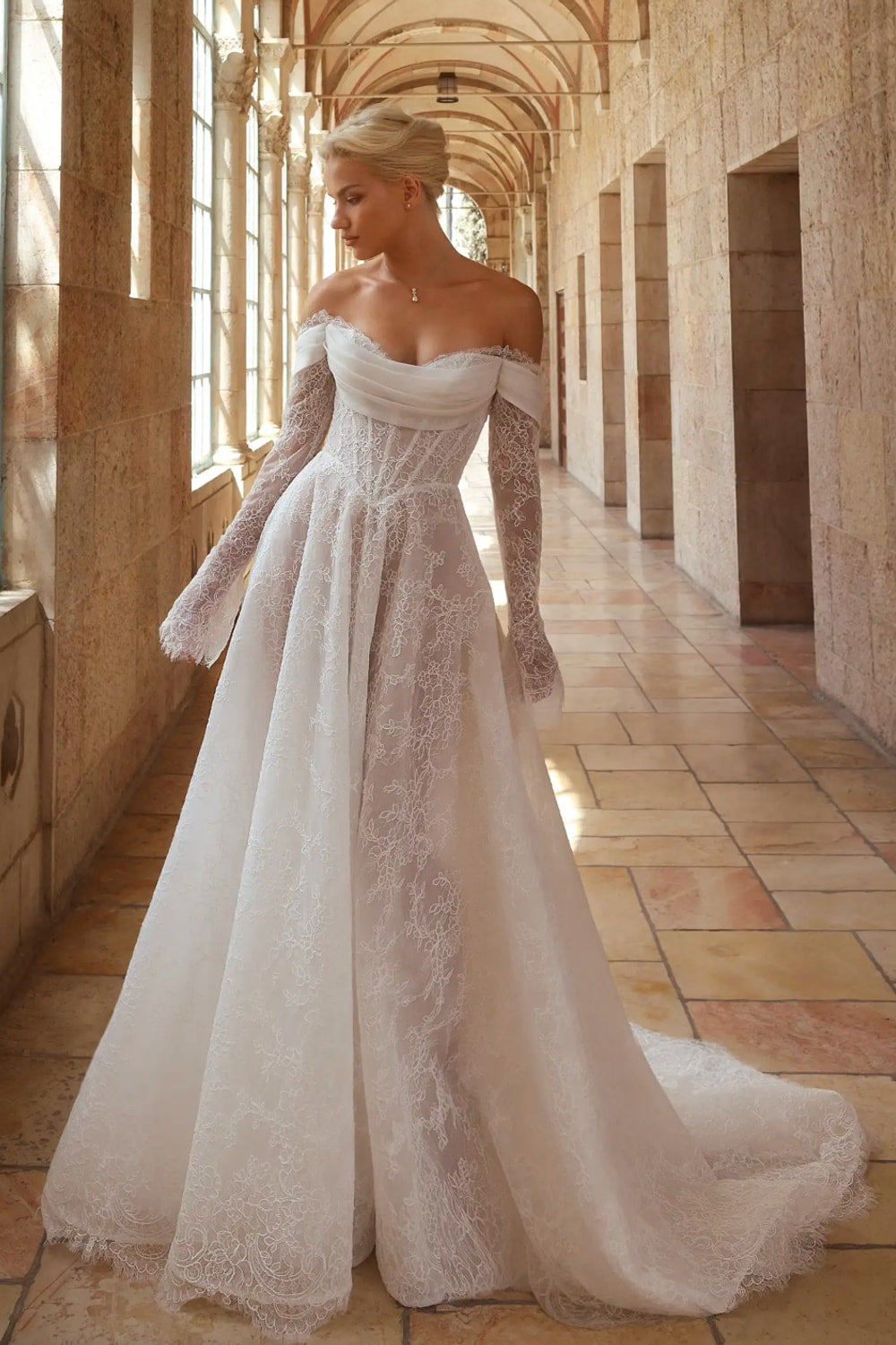 Love by Pnina Tornai Off-Shoulder Lace A-Line Gown