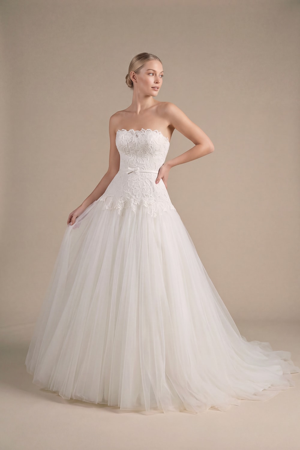 Classic A-Line Wedding Dress with Lace Detailed Bodice by Kleinfeld By Viola Chan — image 1 of 4