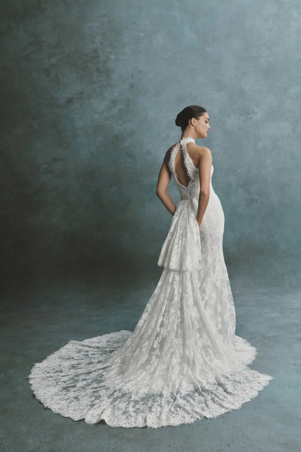 All-Over Lace Halter Fit-And-Flare Wedding Dress with Detachable Train by Senstudio β image 3 of 3