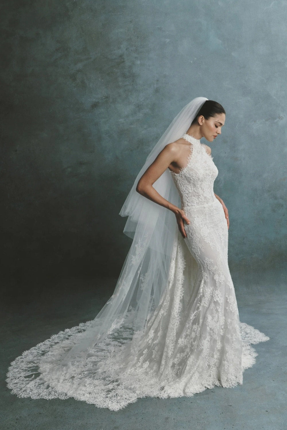 All-Over Lace Halter Fit-And-Flare Wedding Dress with Detachable Train by Senstudio β image 2 of 3