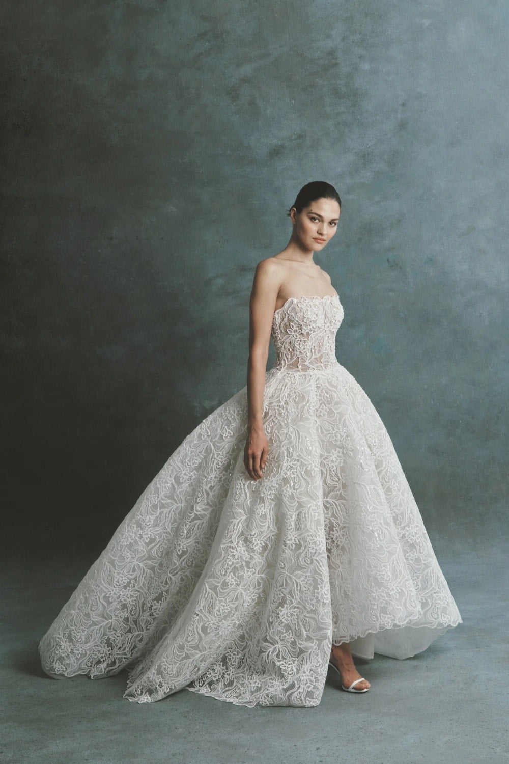 Strapless Floral Lace High-Low Ball Gown by Nicole + Felicia