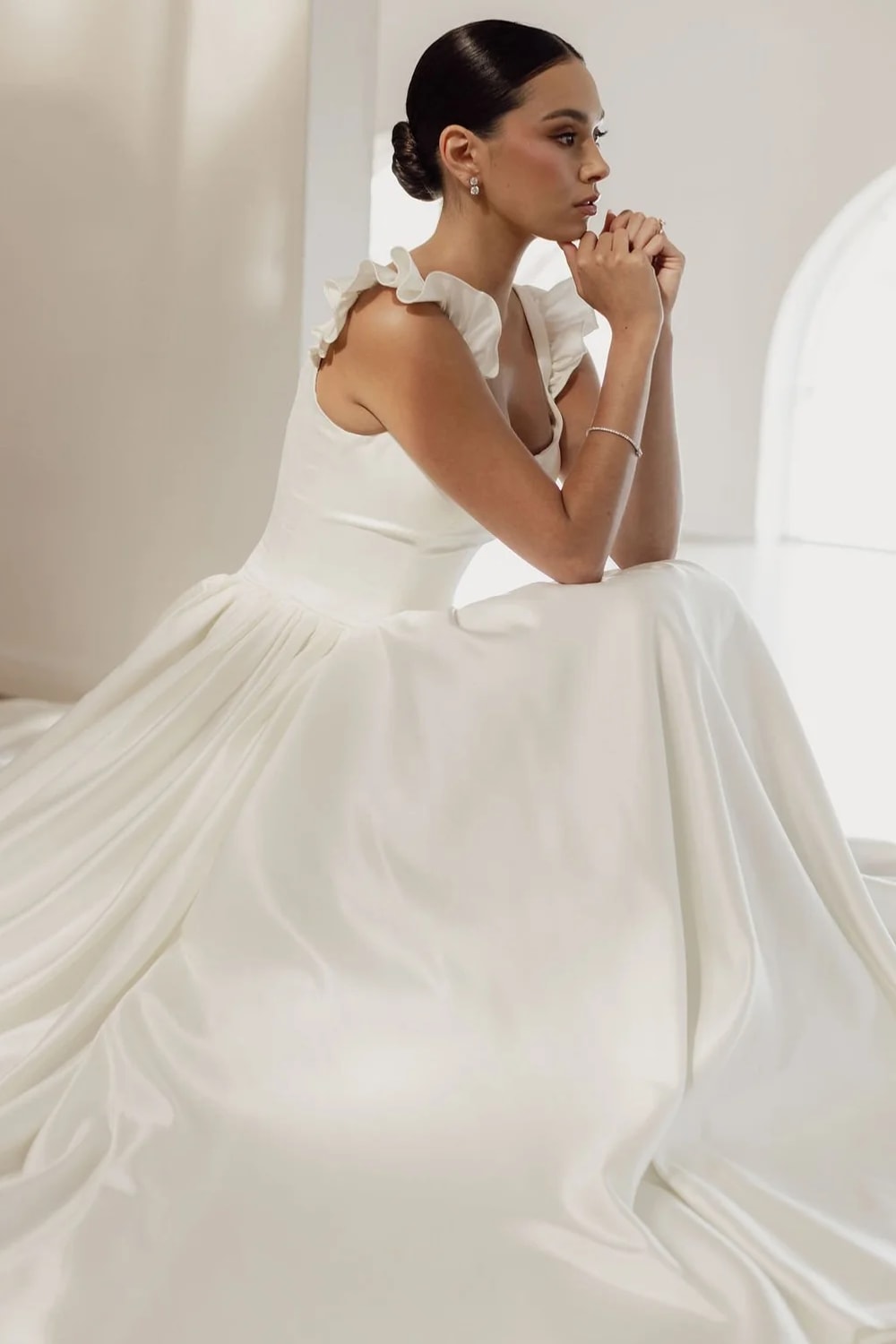 Delicate and Feminine A-Line Wedding Dress with Ruffle Straps and Basque Waist by Trish Peng — image 2 of 5