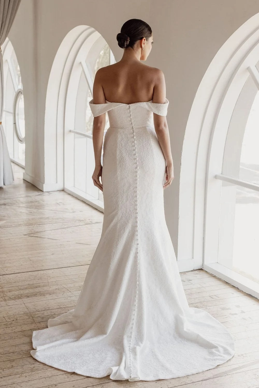 Plus-Size Modern and Sculpted Sheath Wedding Dress with Floral Lace by Trish Peng — image 5 of 5